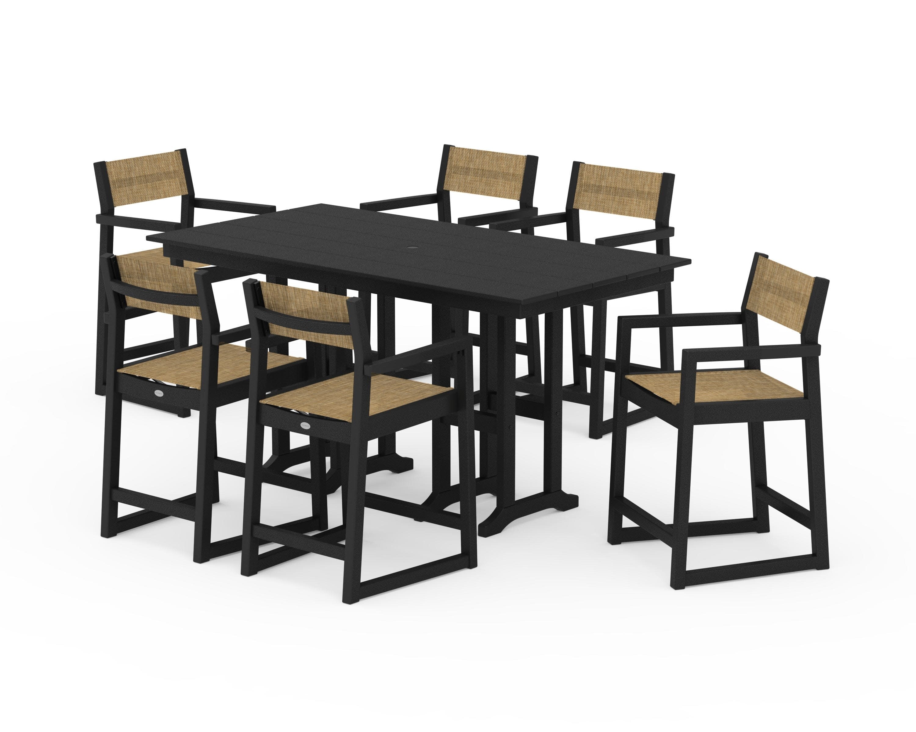 EDGE Sling Arm Chair 7-Piece Farmhouse Counter Set in Black / Burlap Sling