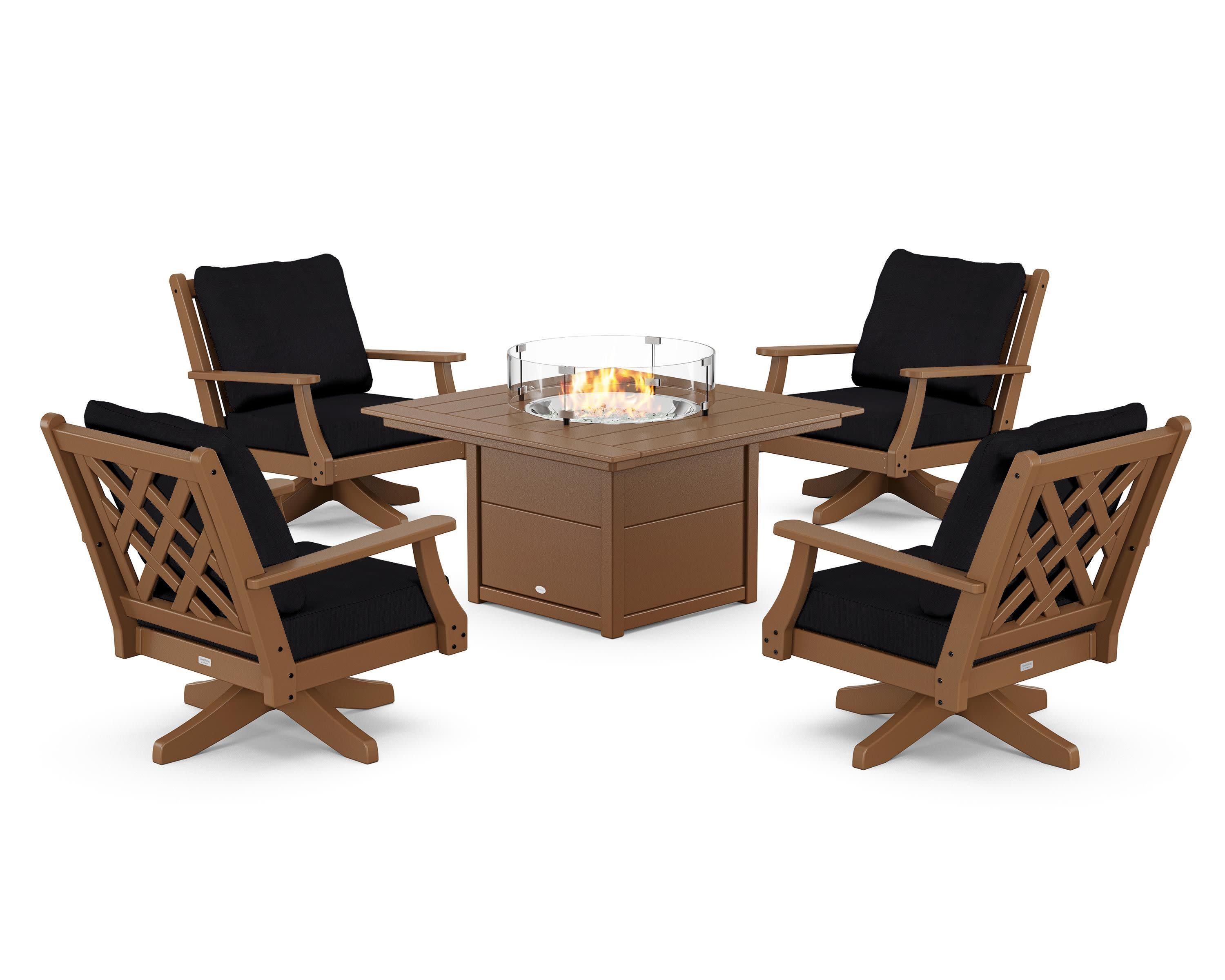 Wovendale 5-Piece Deep Seating Swivel Conversation Set with Fire Pit Table in Teak / Midnight Linen