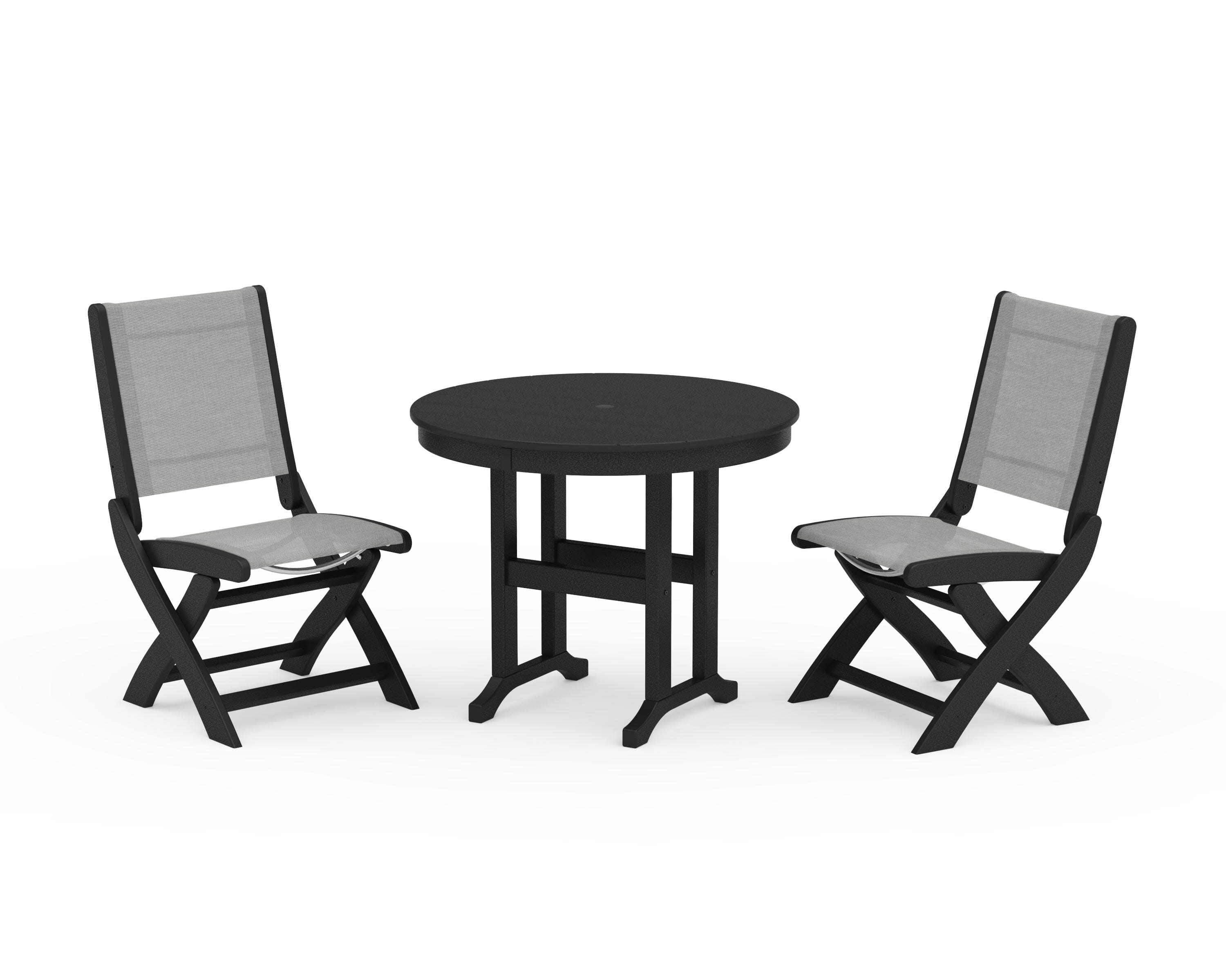 Coastal Folding Side Chair 3-Piece Round Dining Set in Black / Metallic Sling