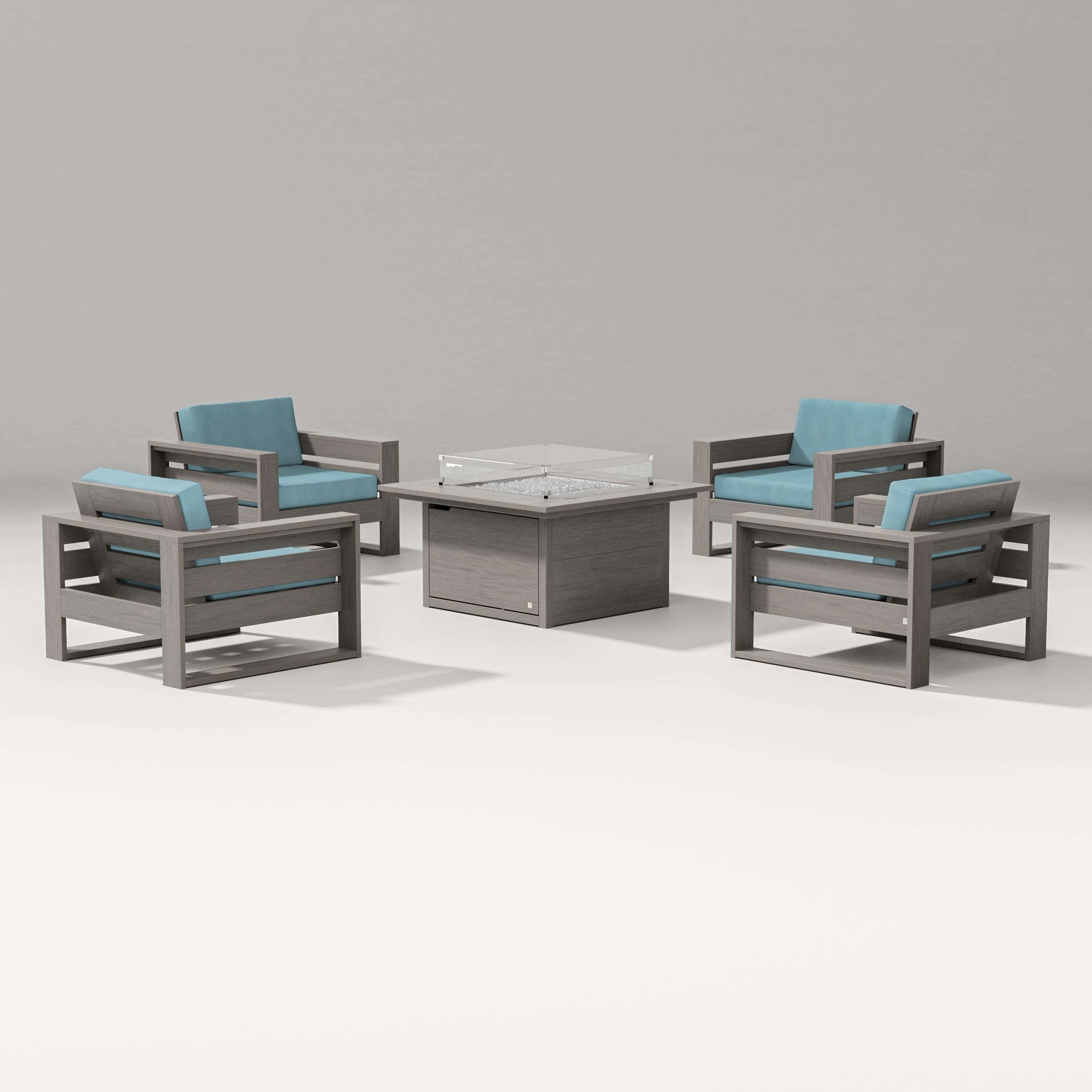 Latitude 5-Piece Lounge Fire Table Set in Driftwood / Lattice Sky Blue