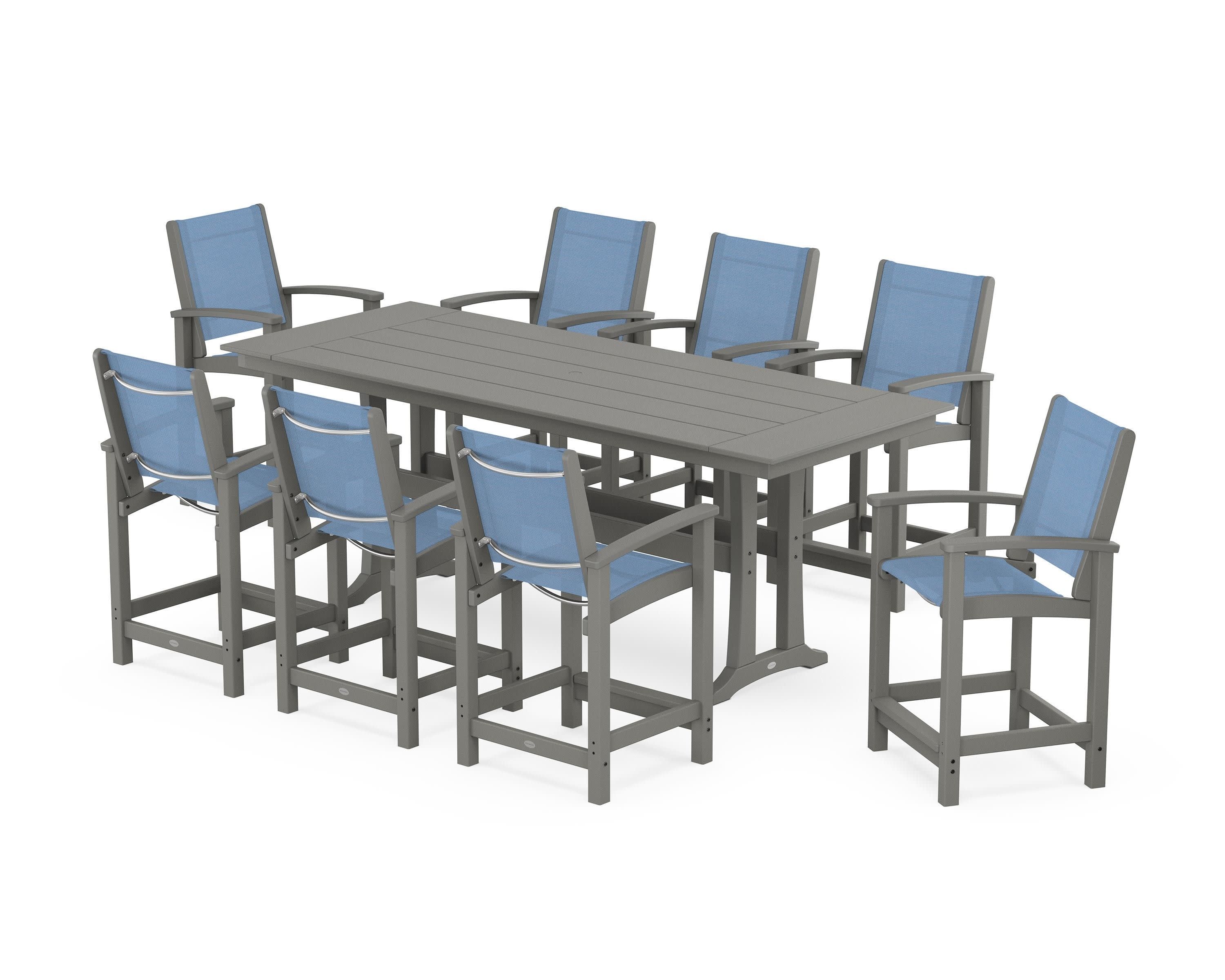 Coastal 9-Piece Farmhouse Counter Set with Trestle Legs in Slate Grey / Poolside Sling