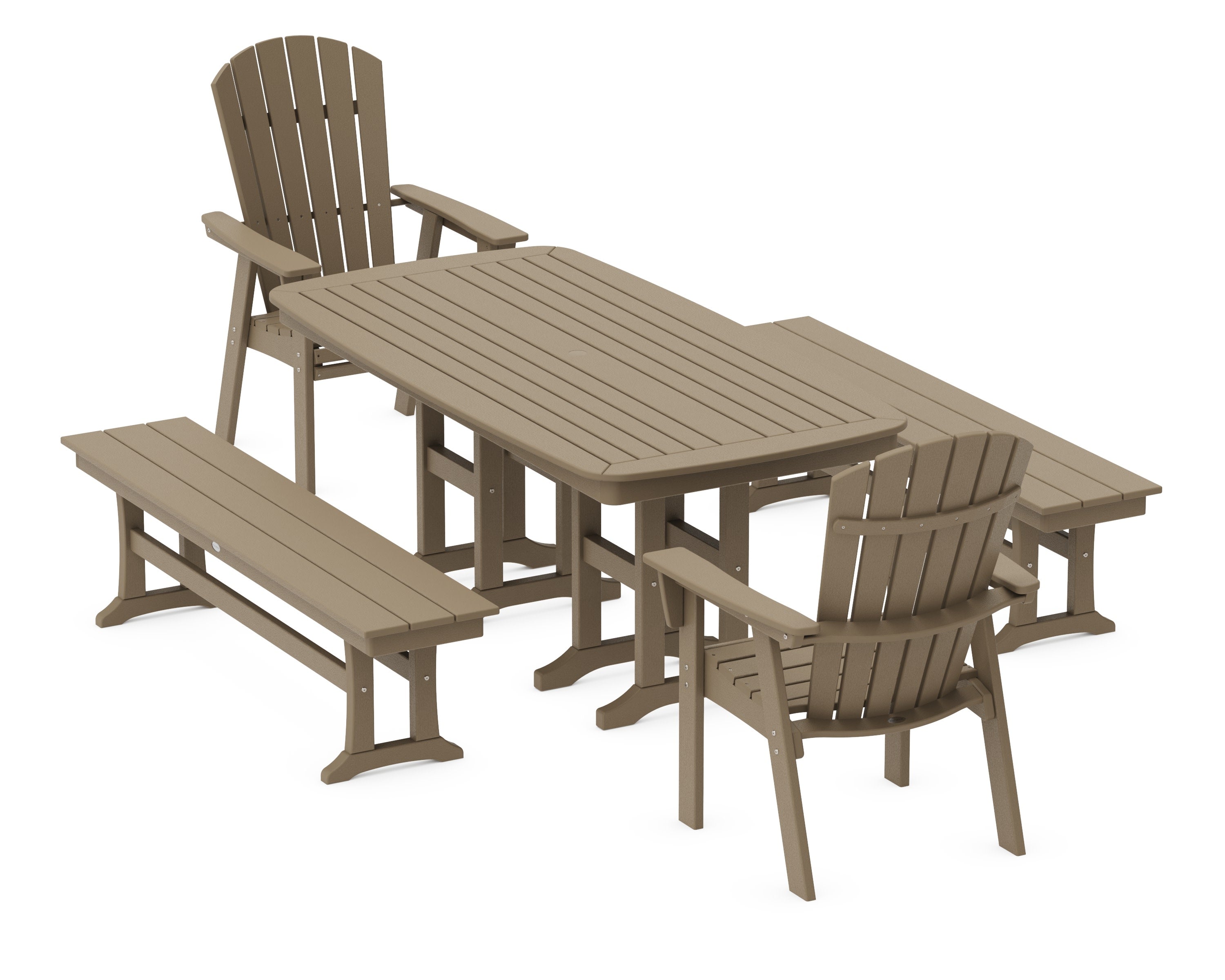 Nautical Curveback Adirondack 5-Piece Dining Set with Benches in Vintage Sahara