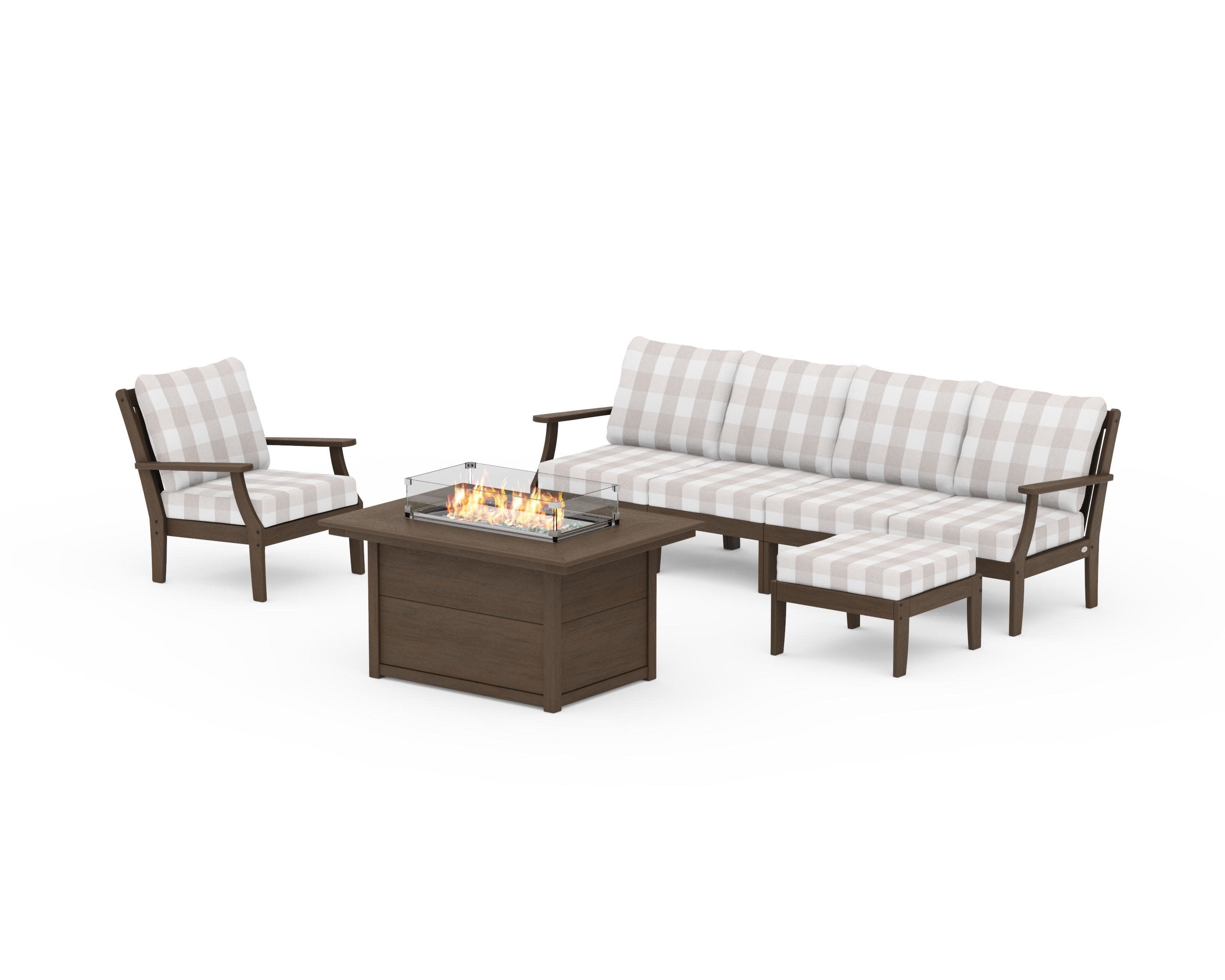 Braxton Sectional Lounge and Fire Pit Set in Kona / Buffalo Plaid Dune Burlap