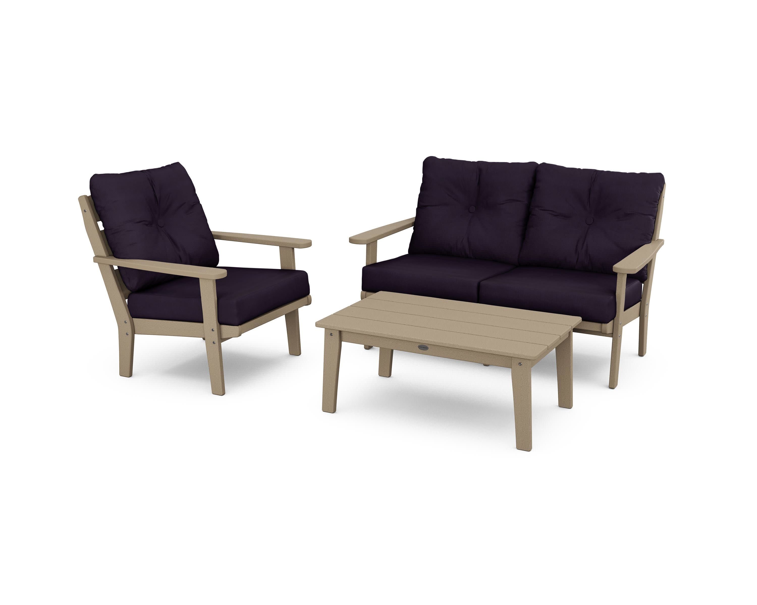 Lakeside 3-Piece Deep Seating Set in Vintage Sahara / Navy Linen