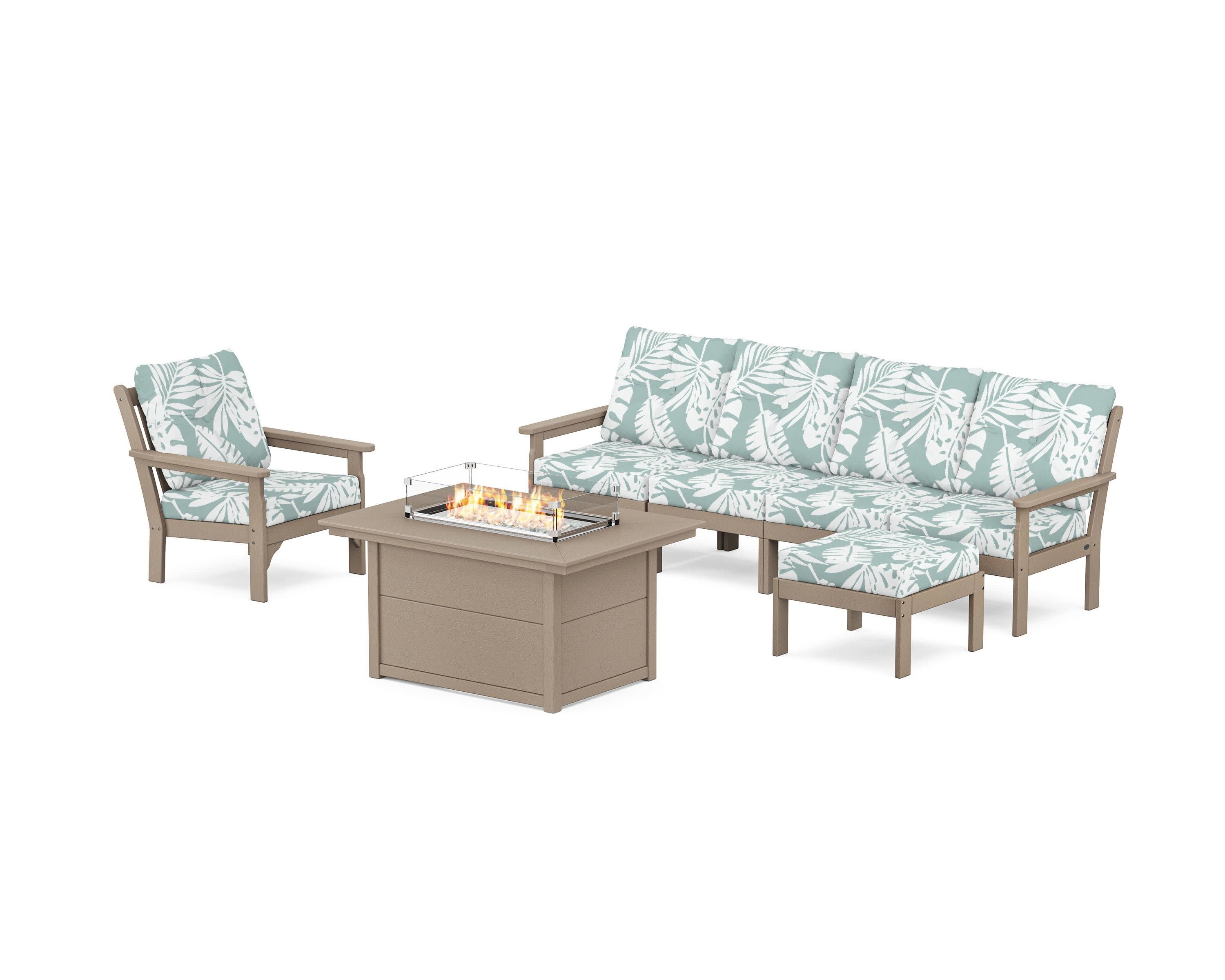 Vineyard Sectional Lounge and Fire Pit Set in Vintage Sahara / Leaf Glacier Spa