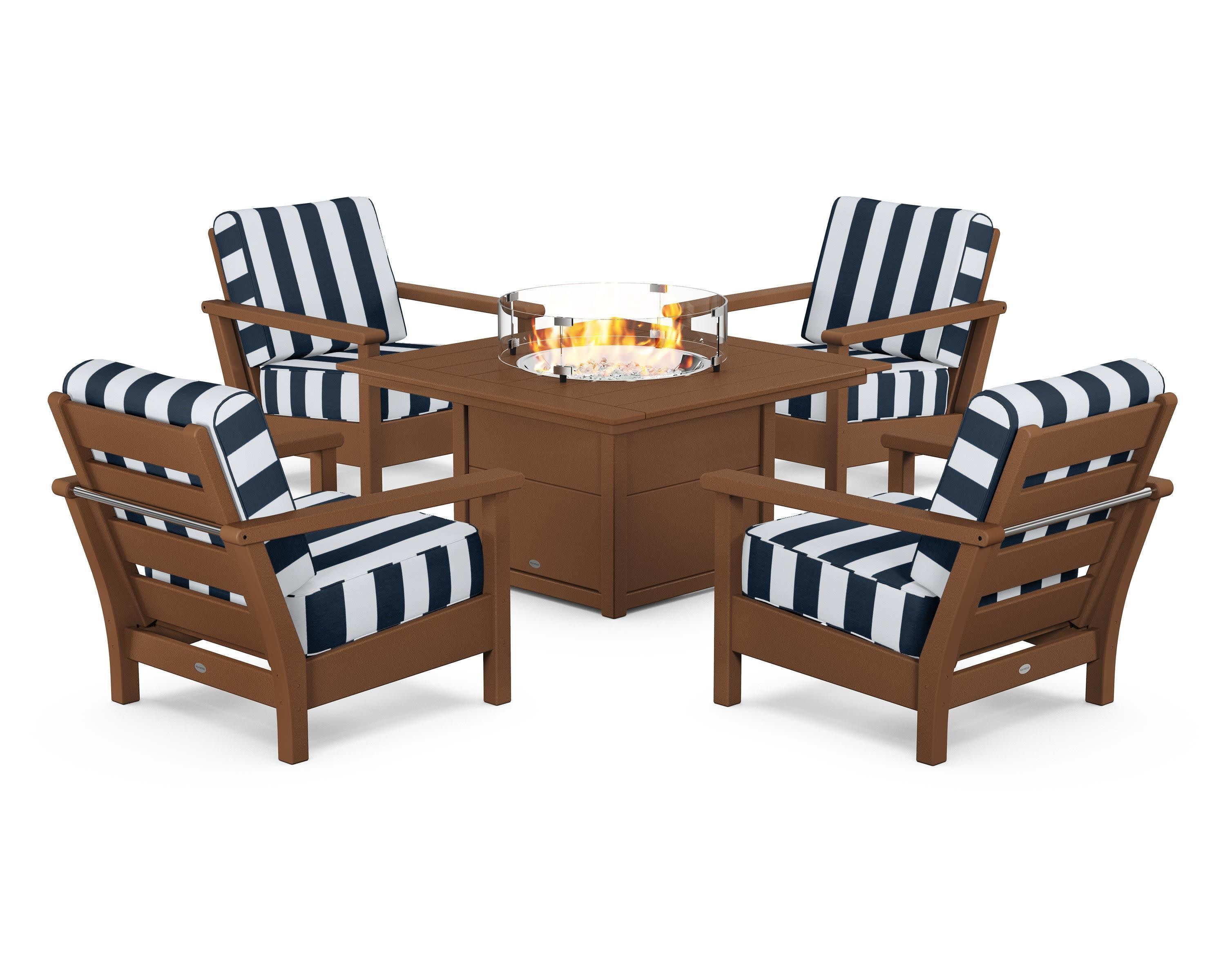 Harbour 5-Piece Conversation Set with Fire Pit Table in Teak / Cabana Stripe Marine Indigo