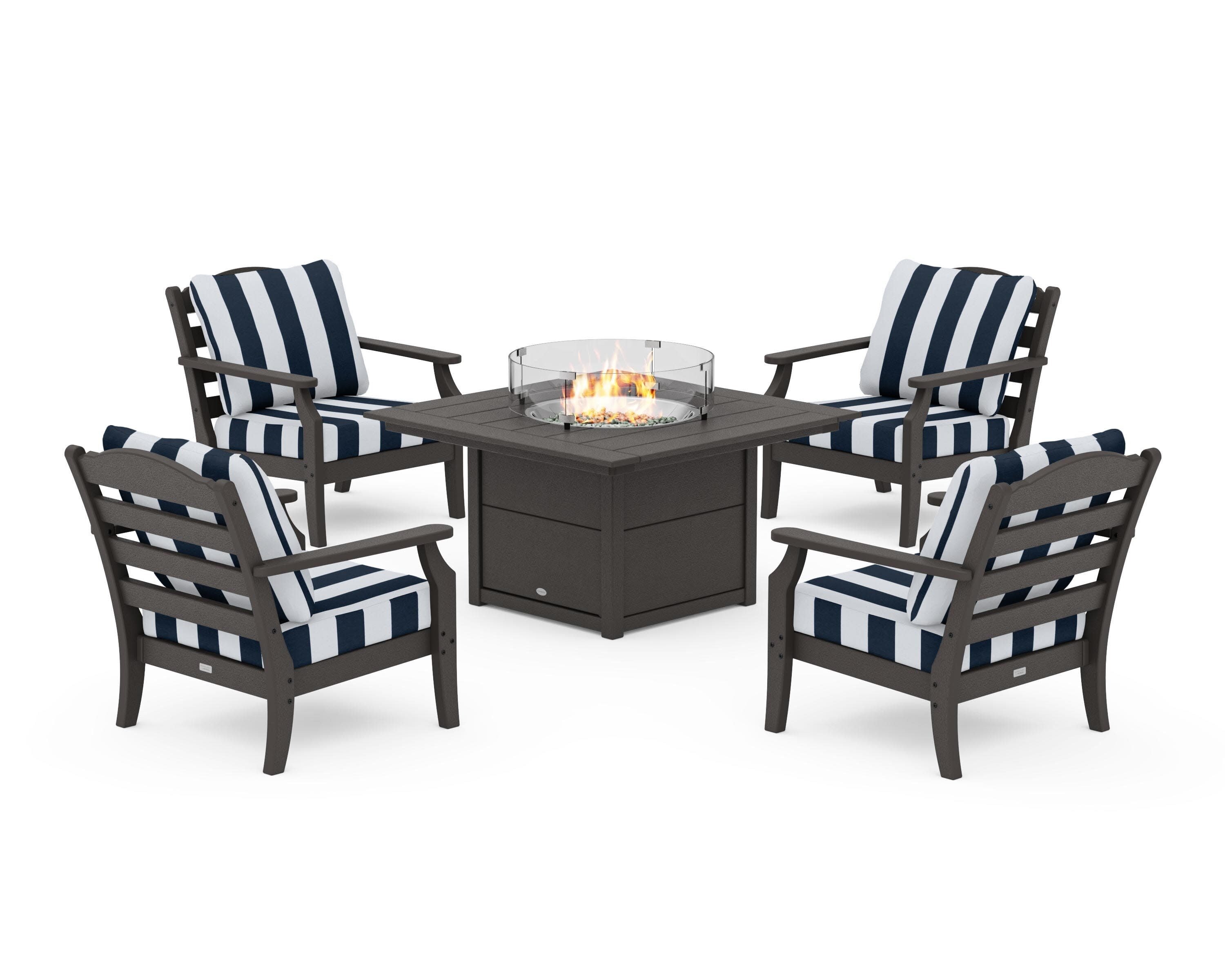 Savannah 5-Piece Deep Seating Set with Fire Pit Table in Vintage Coffee / Cabana Stripe Marine Indigo