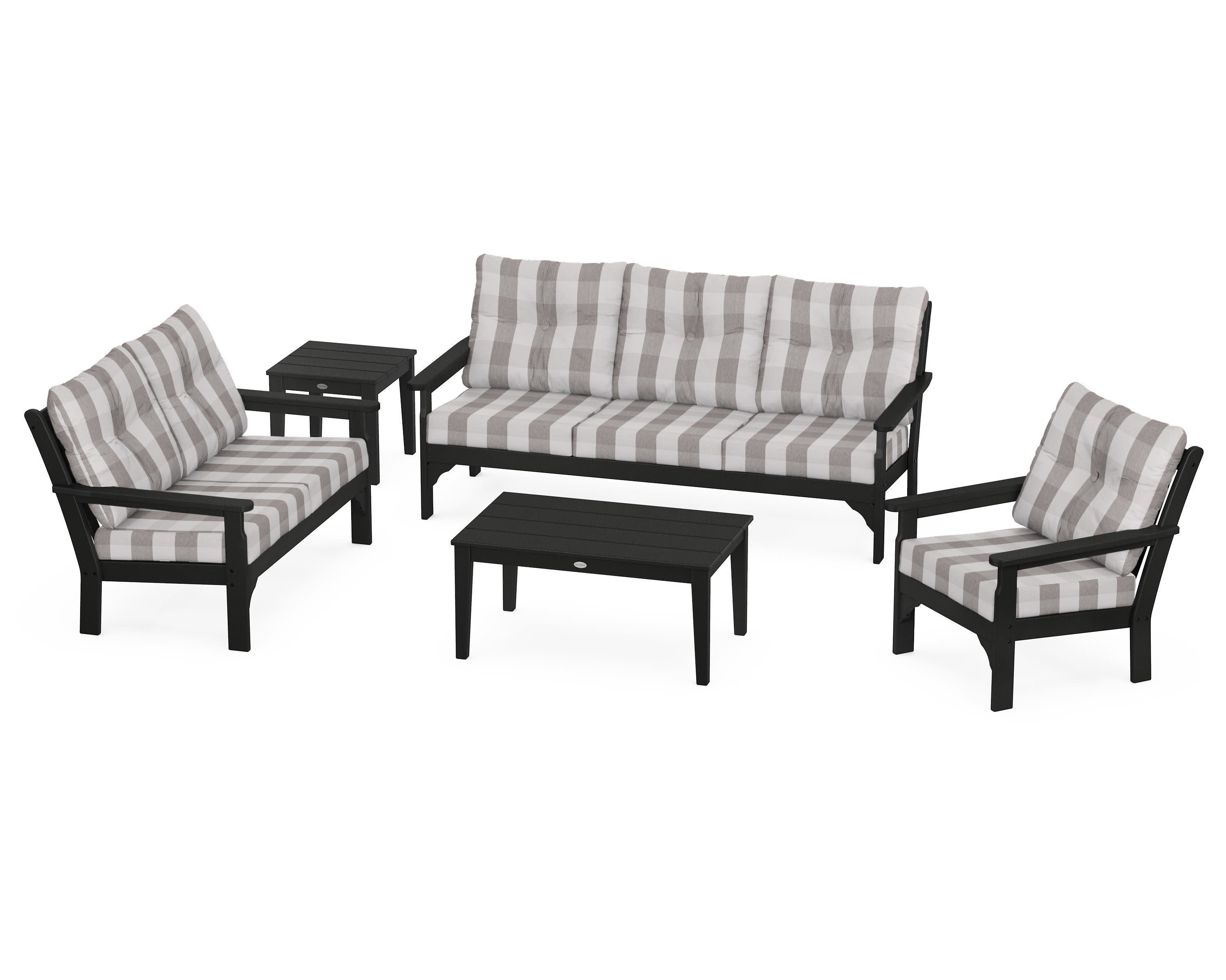 Vineyard 5 Piece Deep Seating Set in Black / Buffalo Plaid Grey Mist