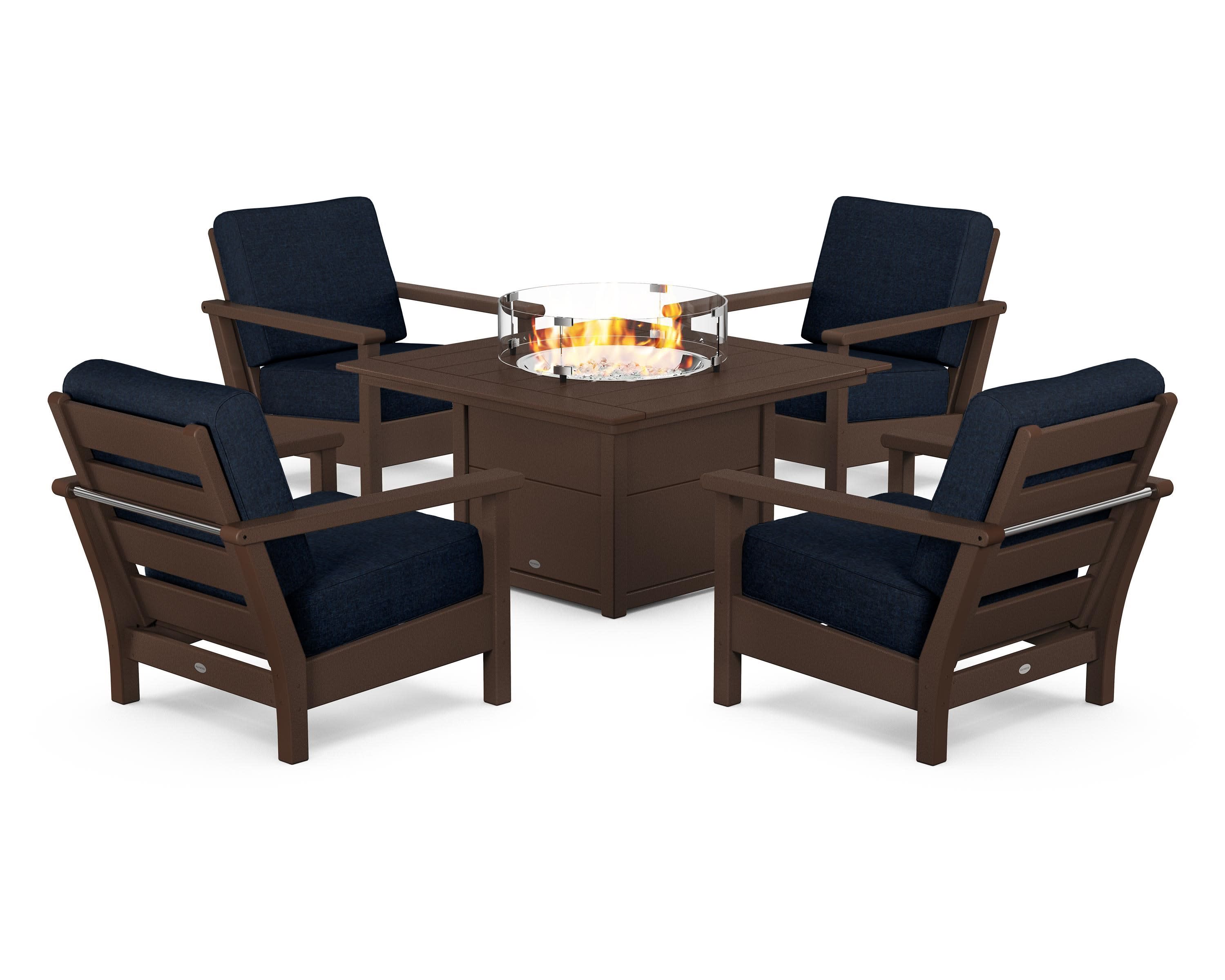 Harbour 5-Piece Conversation Set with Fire Pit Table in Mahogany / Marine Indigo