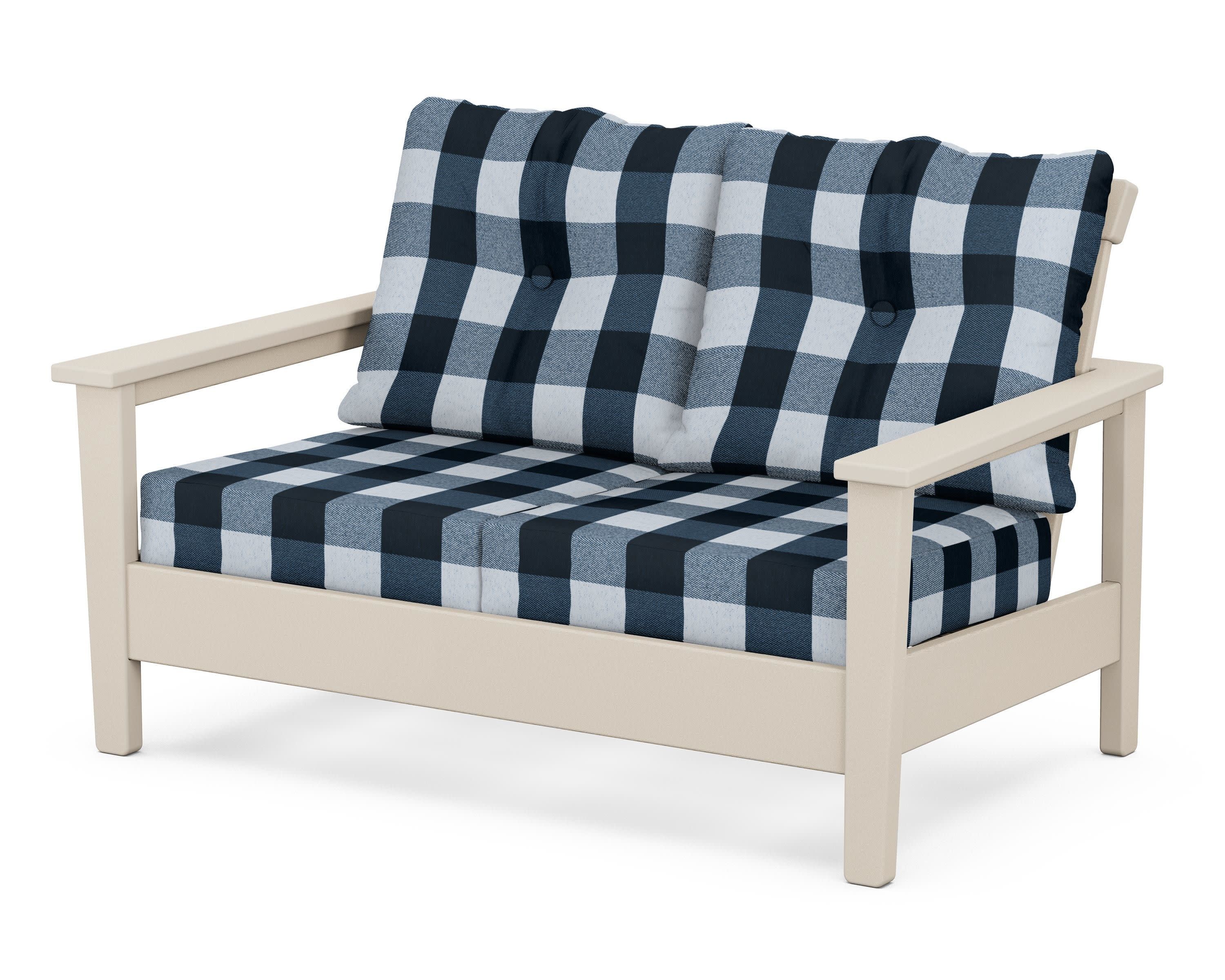 Prescott Deep Seating Loveseat in Sand / Buffalo Plaid Marine Indigo
