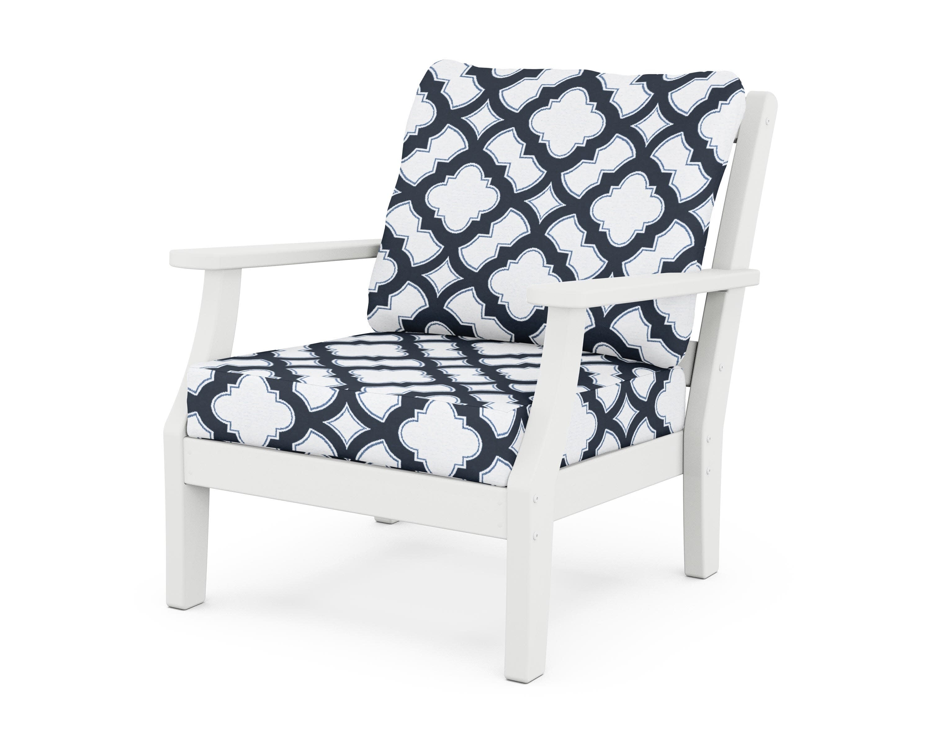 Chinoiserie Deep Seating Chair in White / Trellis Marine Indigo