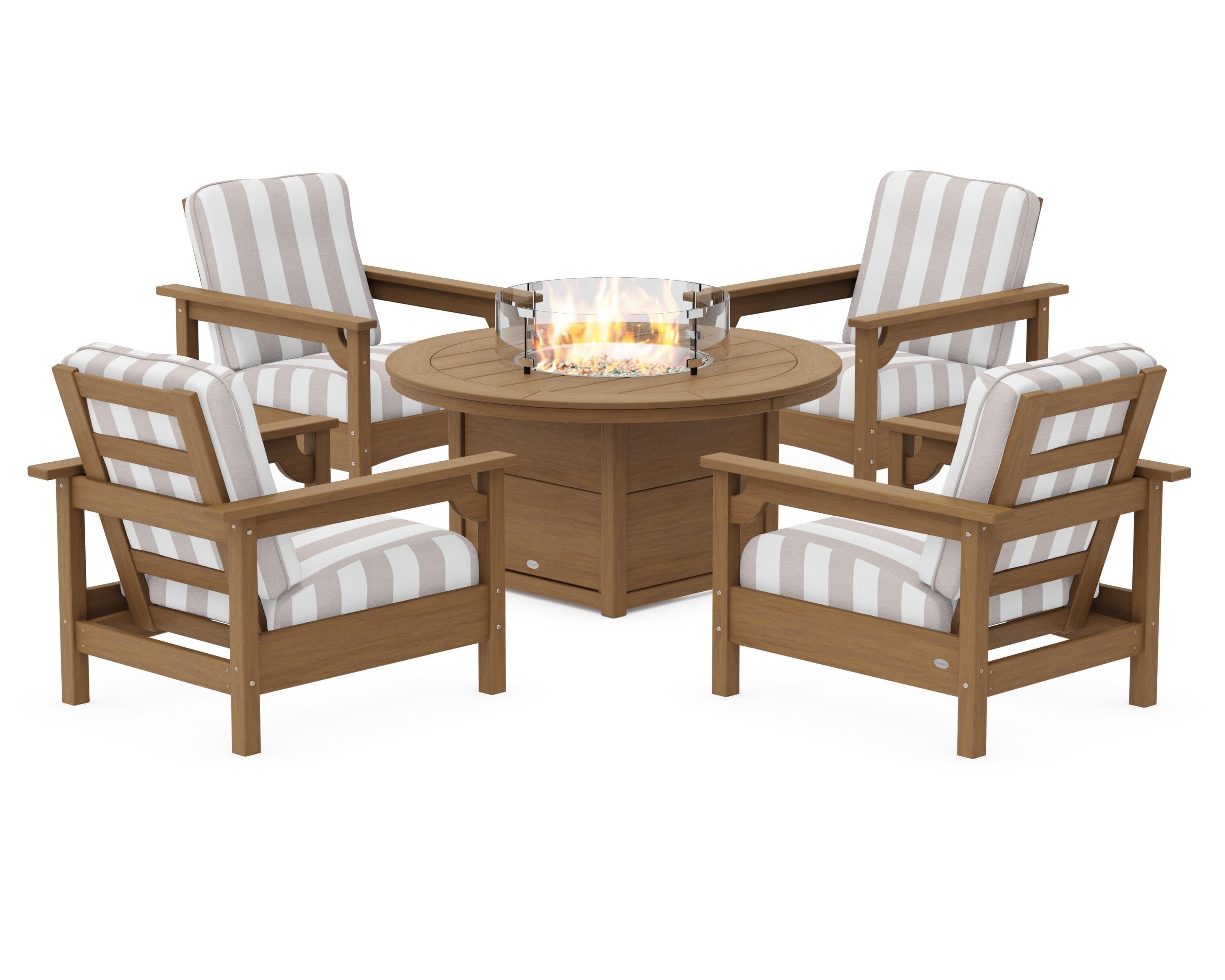 Club 5-Piece Conversation Set with Fire Pit Table in Natural / Cabana Stripe Dune Burlap