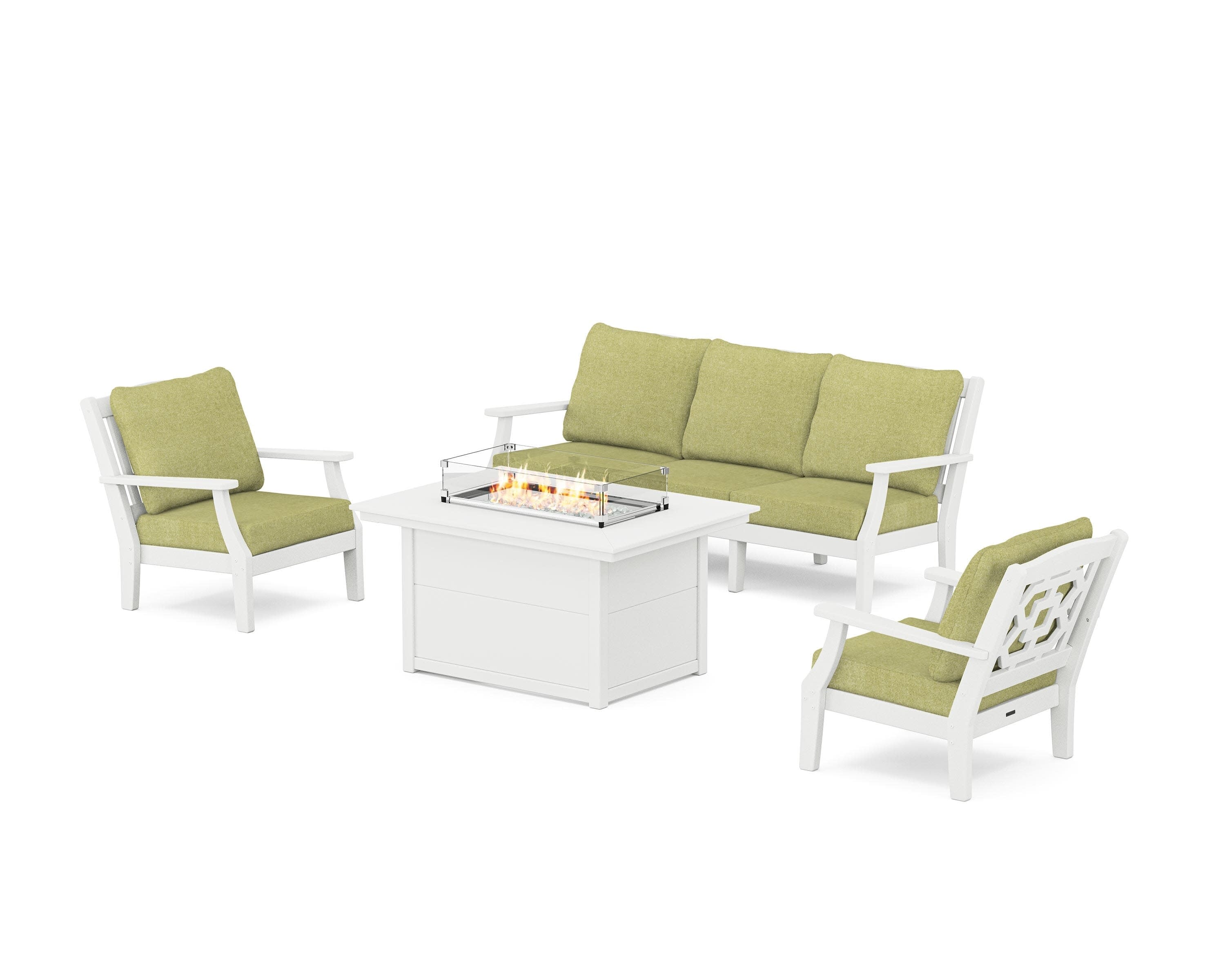 Chinoiserie Deep Seating Fire Pit Table Set in White / Chartreuse Boucle