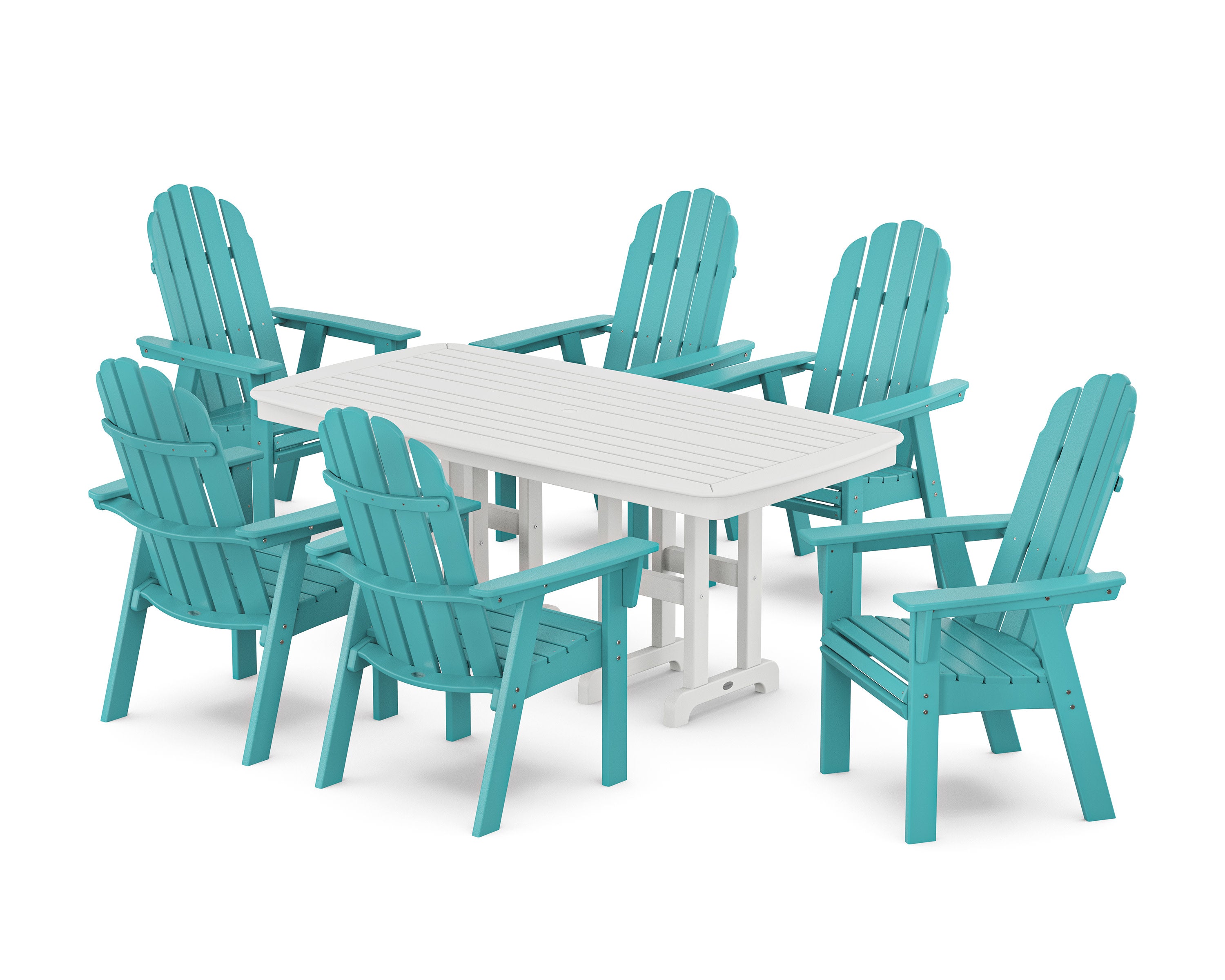 Vineyard Curveback Adirondack Chair 7-Piece Dining Set in Aruba / White