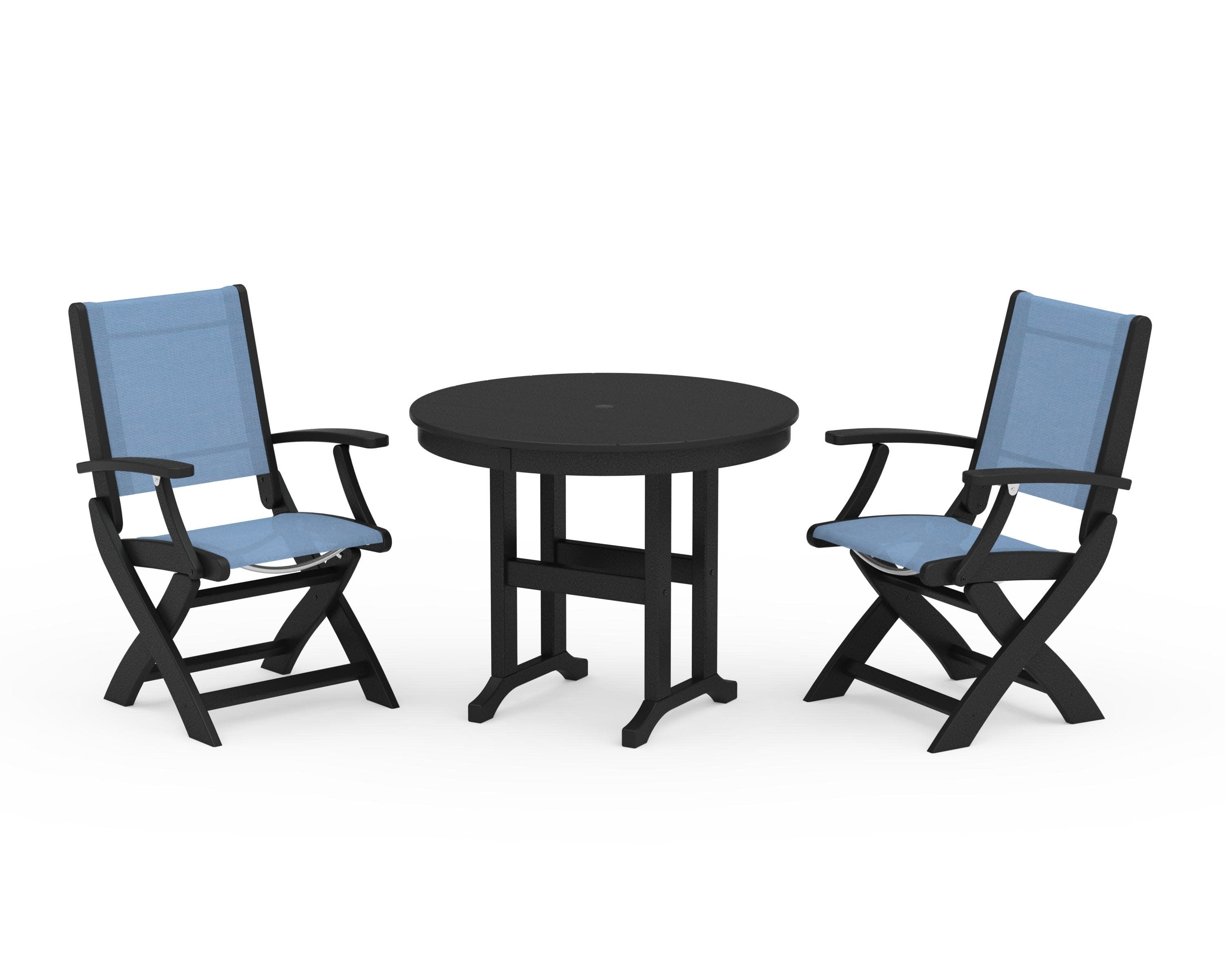 Coastal Folding Chair 3-Piece Round Dining Set in Black / Poolside Sling