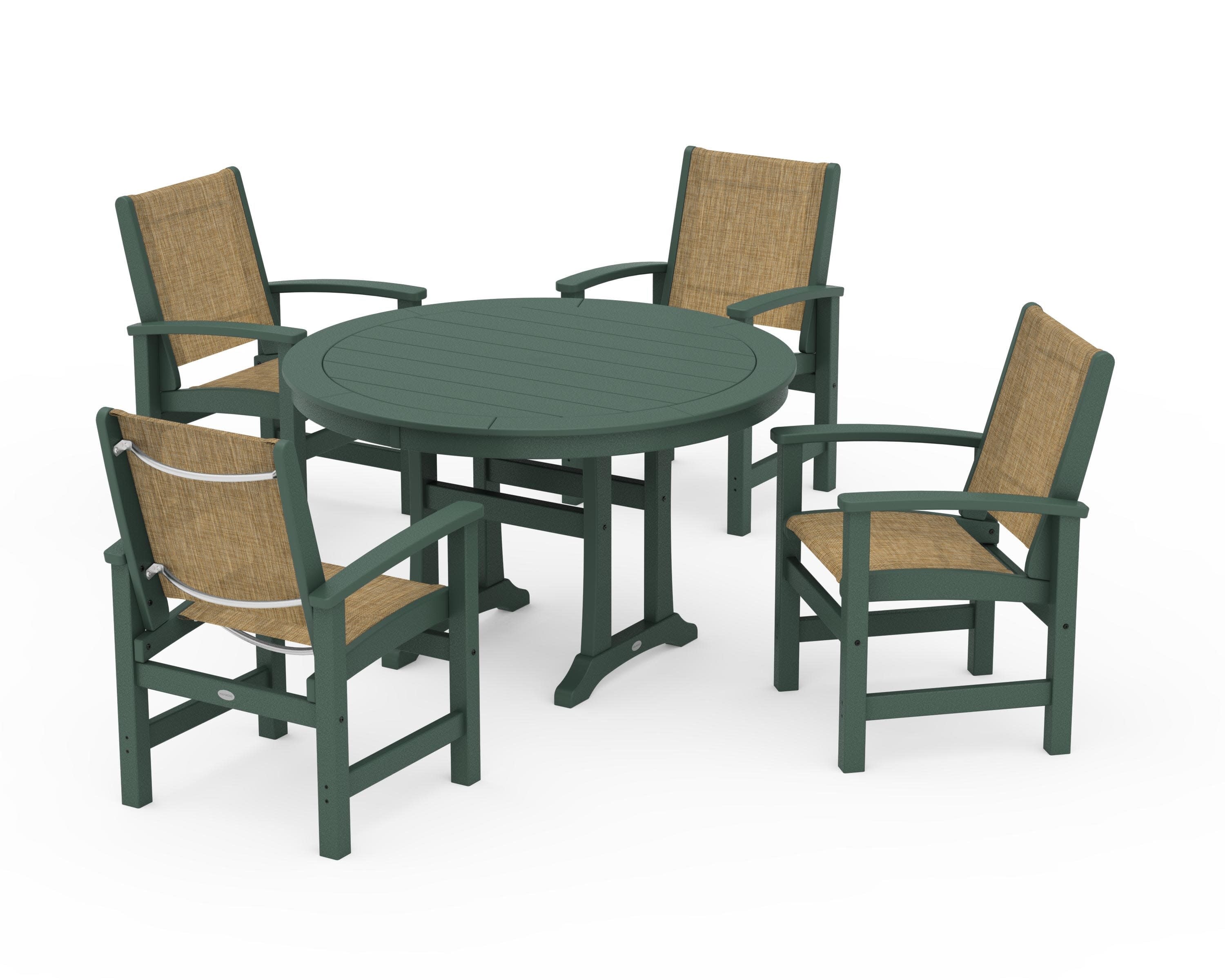 Coastal 5-Piece Round Dining Set with Trestle Legs in Green / Burlap Sling