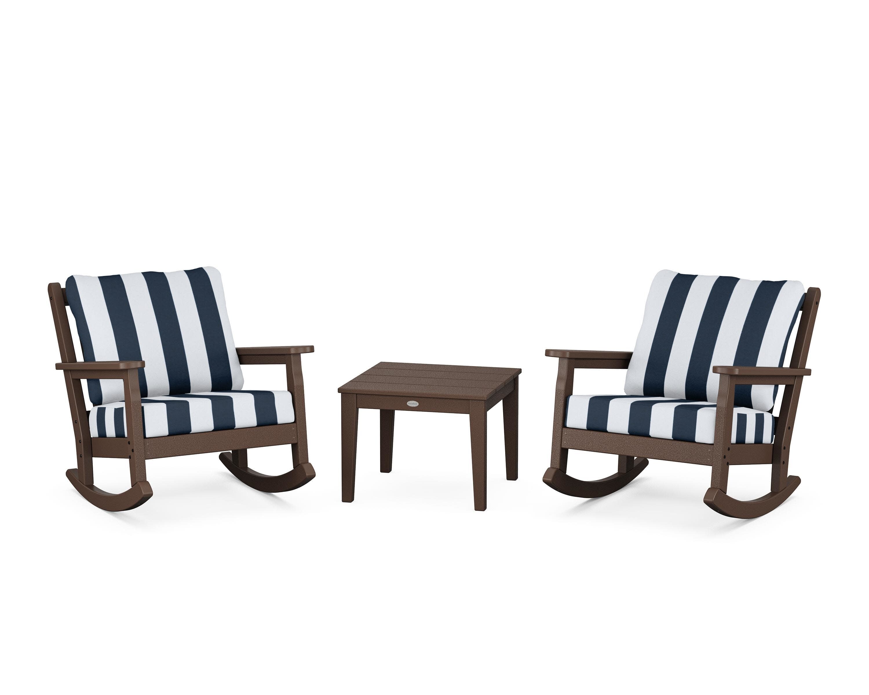 Chippendale 3-Piece Deep Seating Rocker Set in Mahogany / Cabana Stripe Marine Indigo