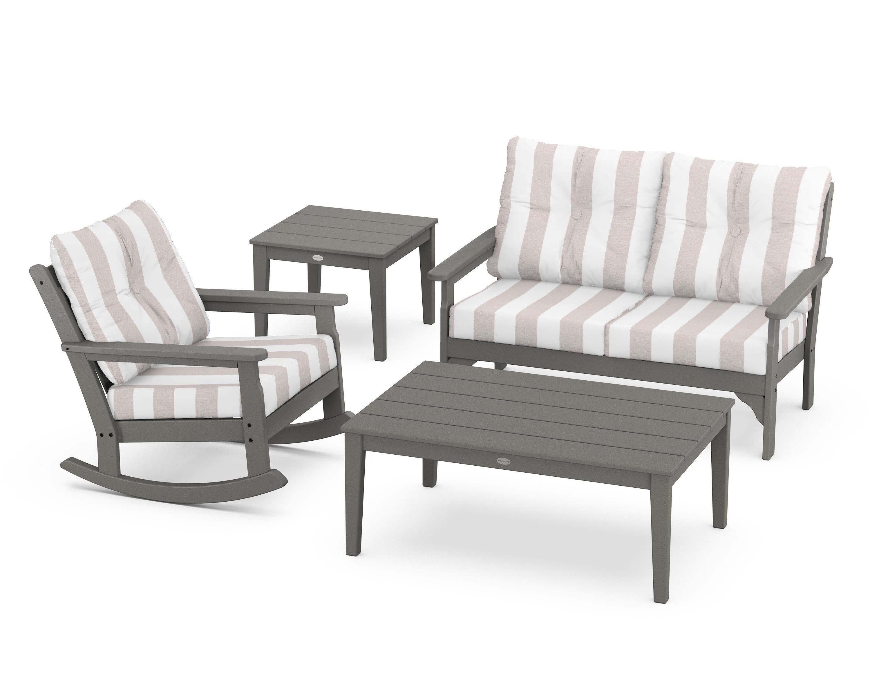 Vineyard 4-Piece Deep Seating Rocker Set in Slate Grey / Cabana Stripe Dune Burlap