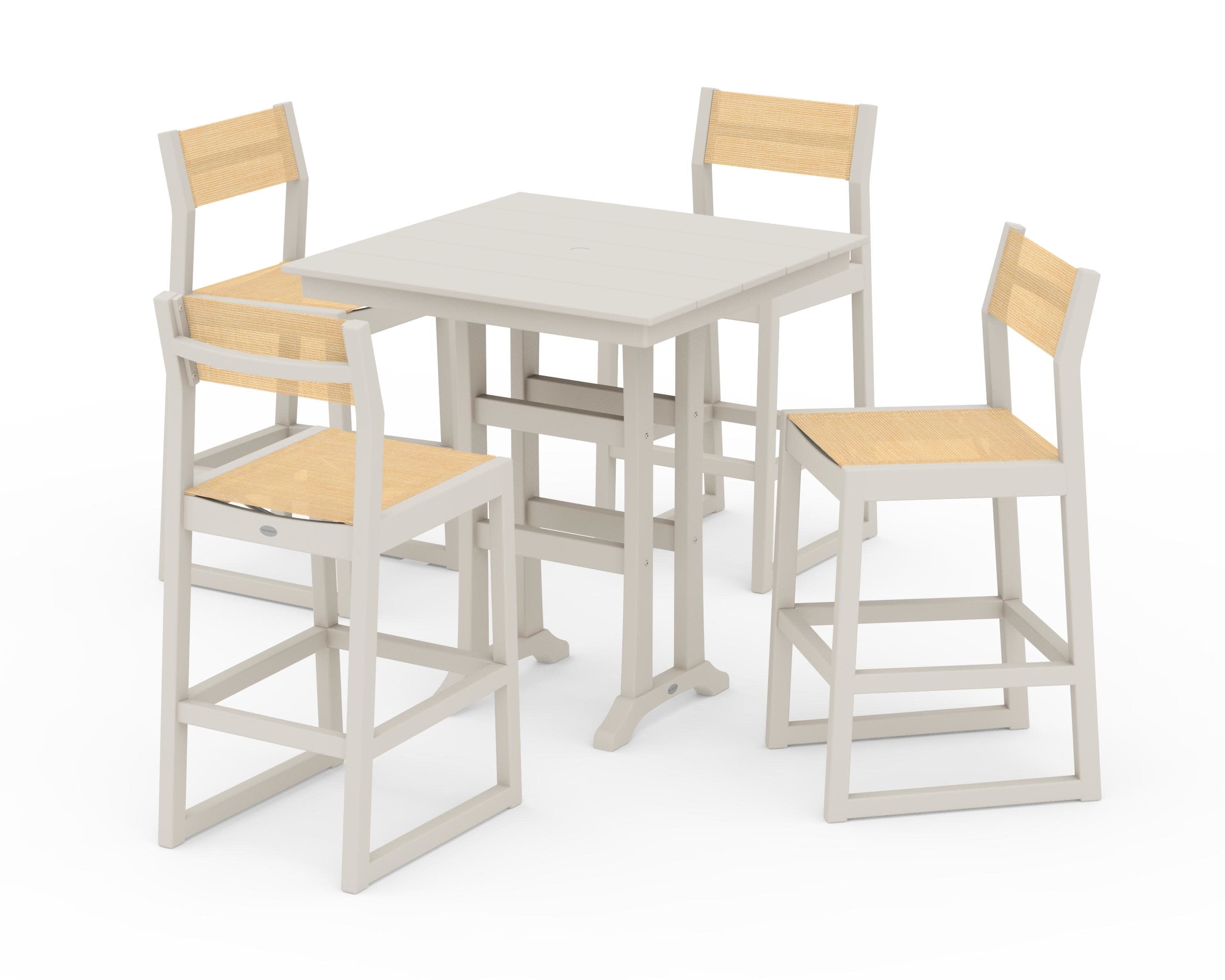 EDGE Sling Arm Chair 5-Piece Farmhouse Bar Set with Trestle Legs in Sand / Dupioni Apricot Sling