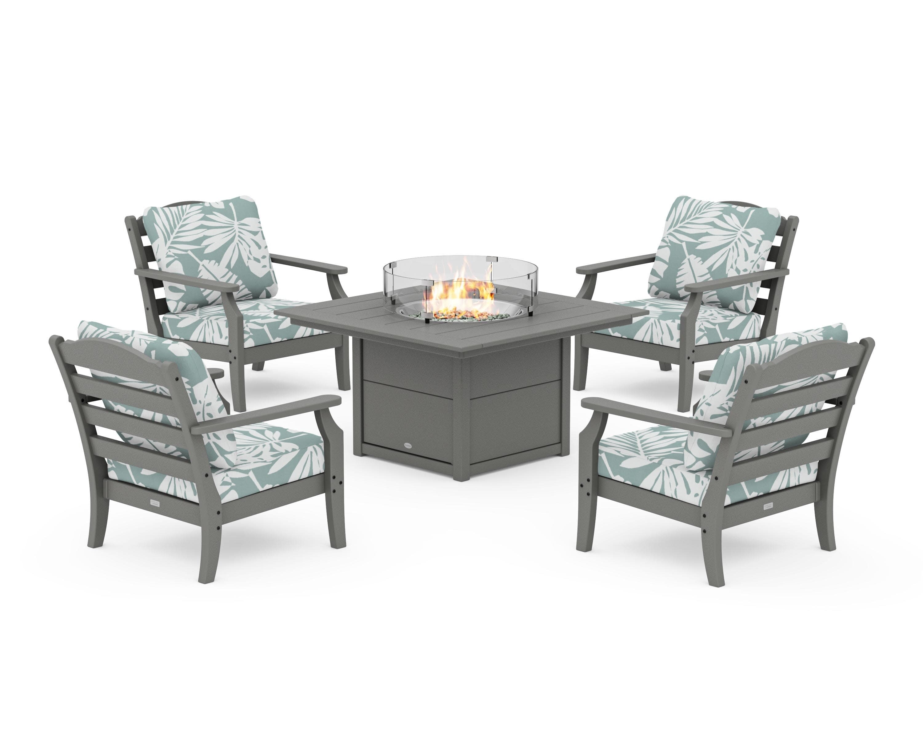 Savannah 5-Piece Deep Seating Set with Fire Pit Table in Slate Grey / Leaf Glacier Spa