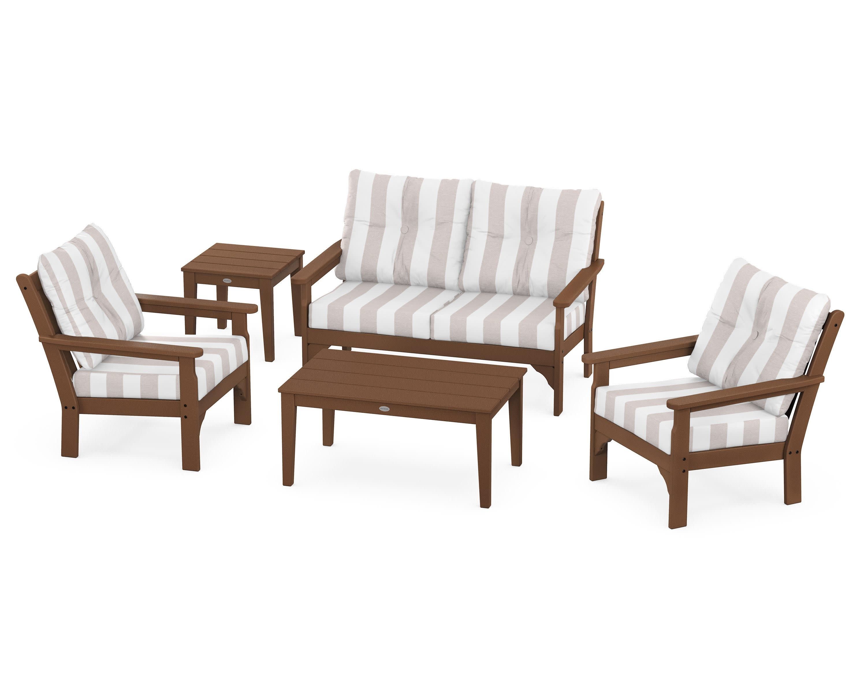 Vineyard 5-Piece Deep Seating Set in Teak / Cabana Stripe Dune Burlap