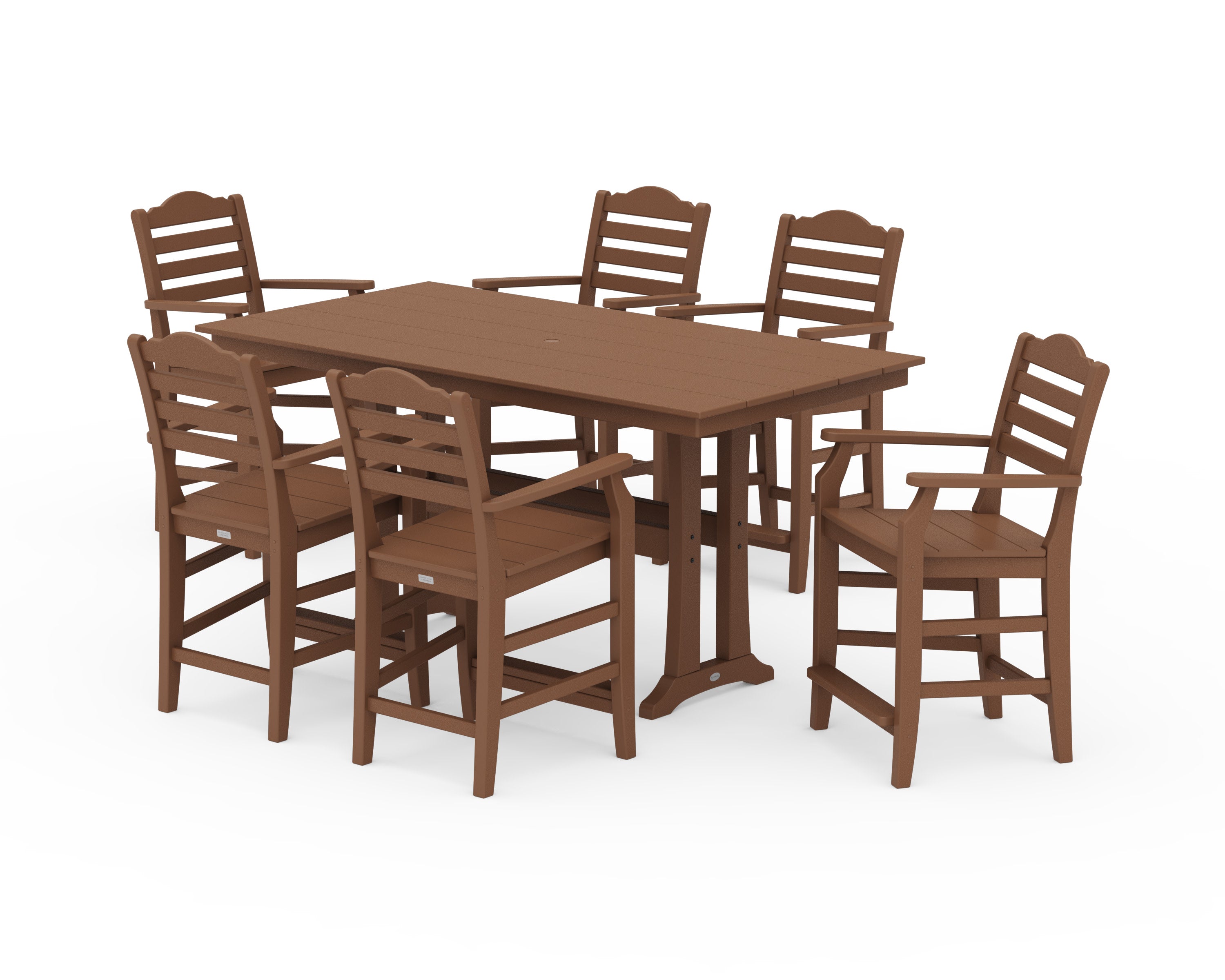 Savannah Arm Chair 7-Piece Farmhouse Counter Set with Trestle Legs in Teak
