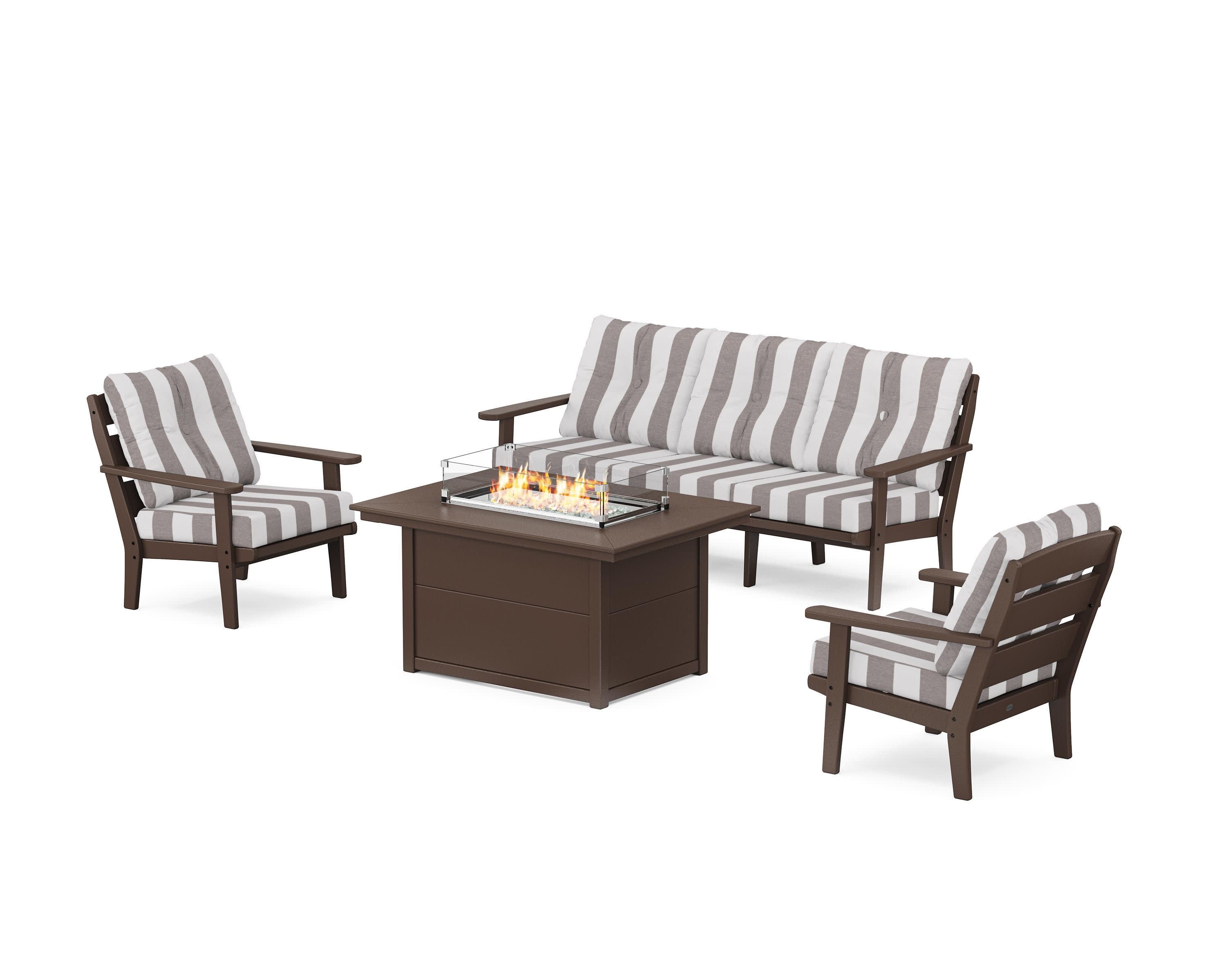 Lakeside Deep Seating Fire Pit Table Set in Mahogany / Cabana Stripe Grey Mist