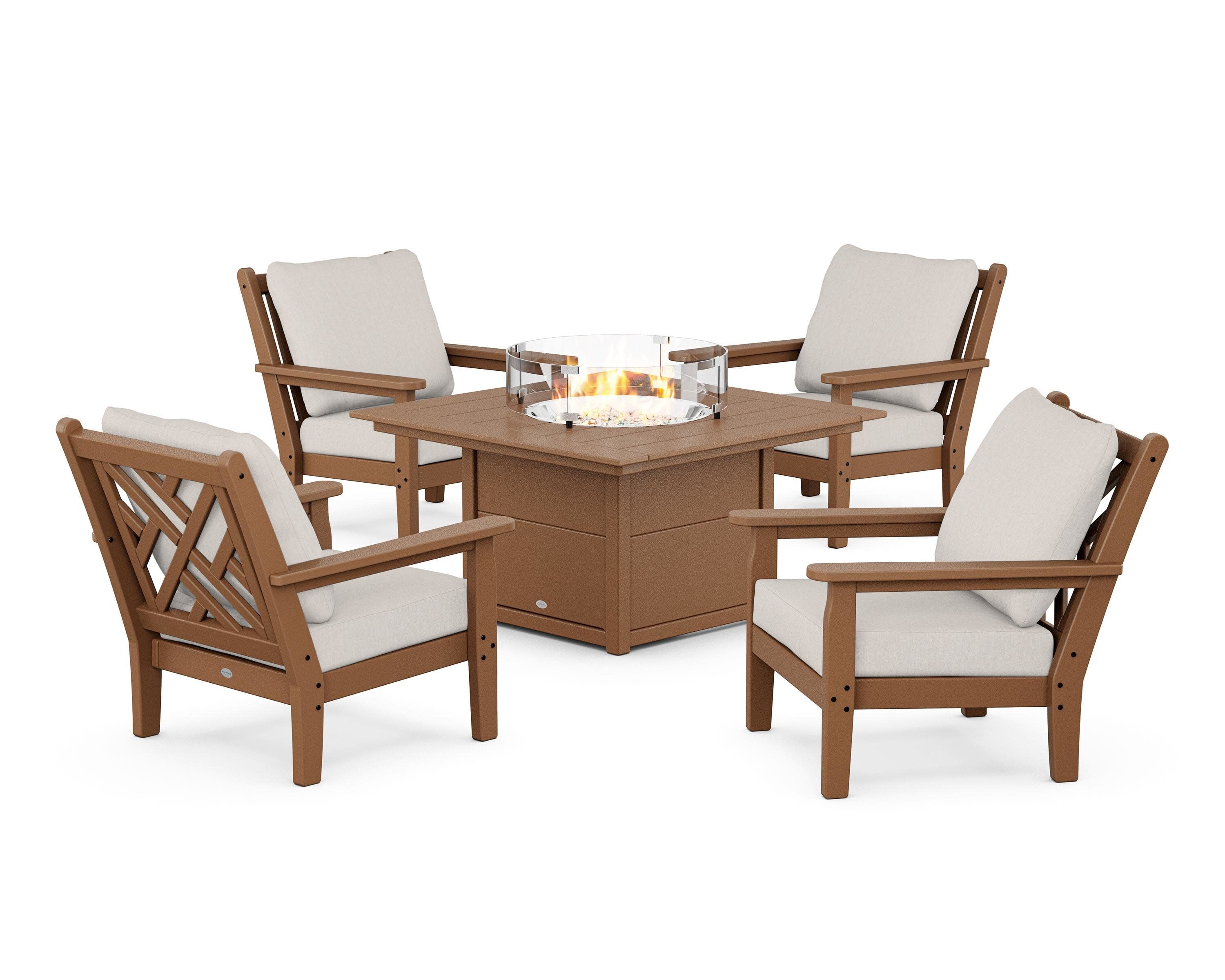 Chippendale 5-Piece Deep Seating Set with Fire Pit Table in Teak / Cast Ash