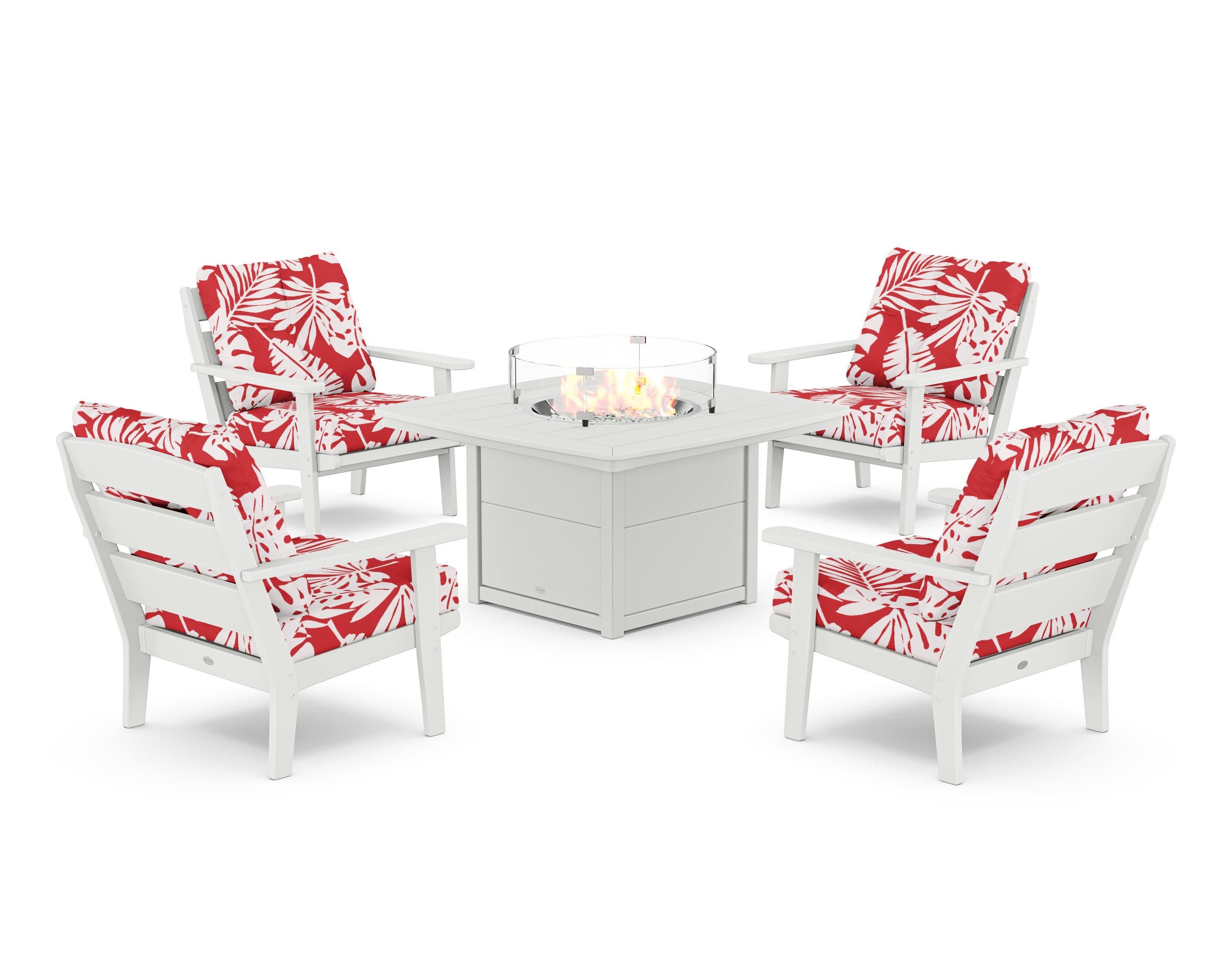 Lakeside 5-Piece Deep Seating Set with Nautical Fire Pit Table in White / Leaf Crimson
