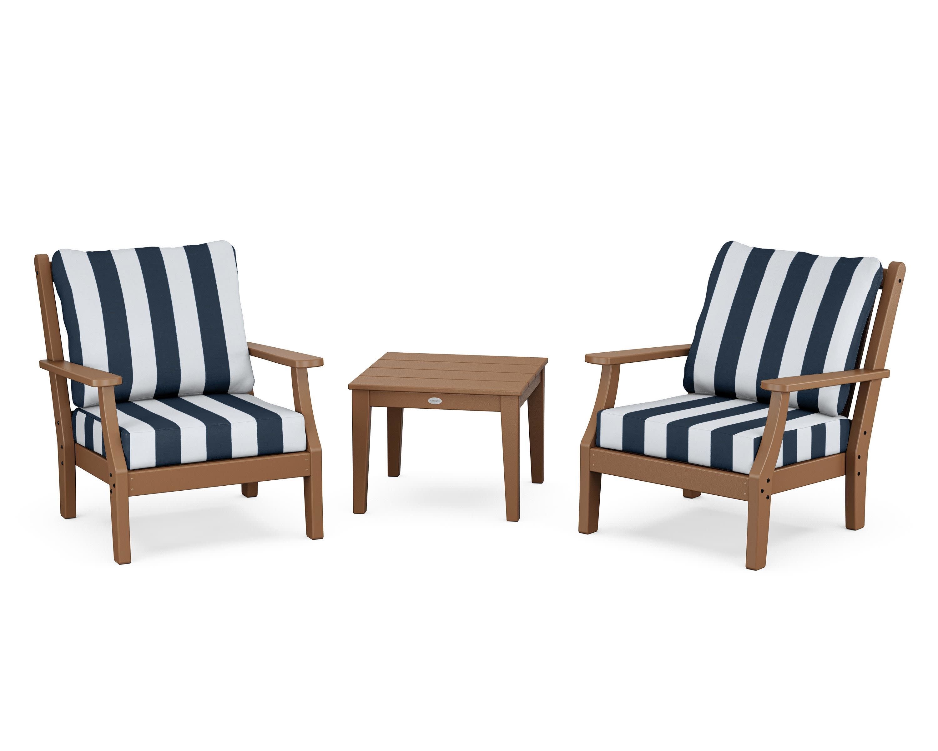 Wovendale 3-Piece Deep Seating Set in Teak / Cabana Stripe Marine Indigo