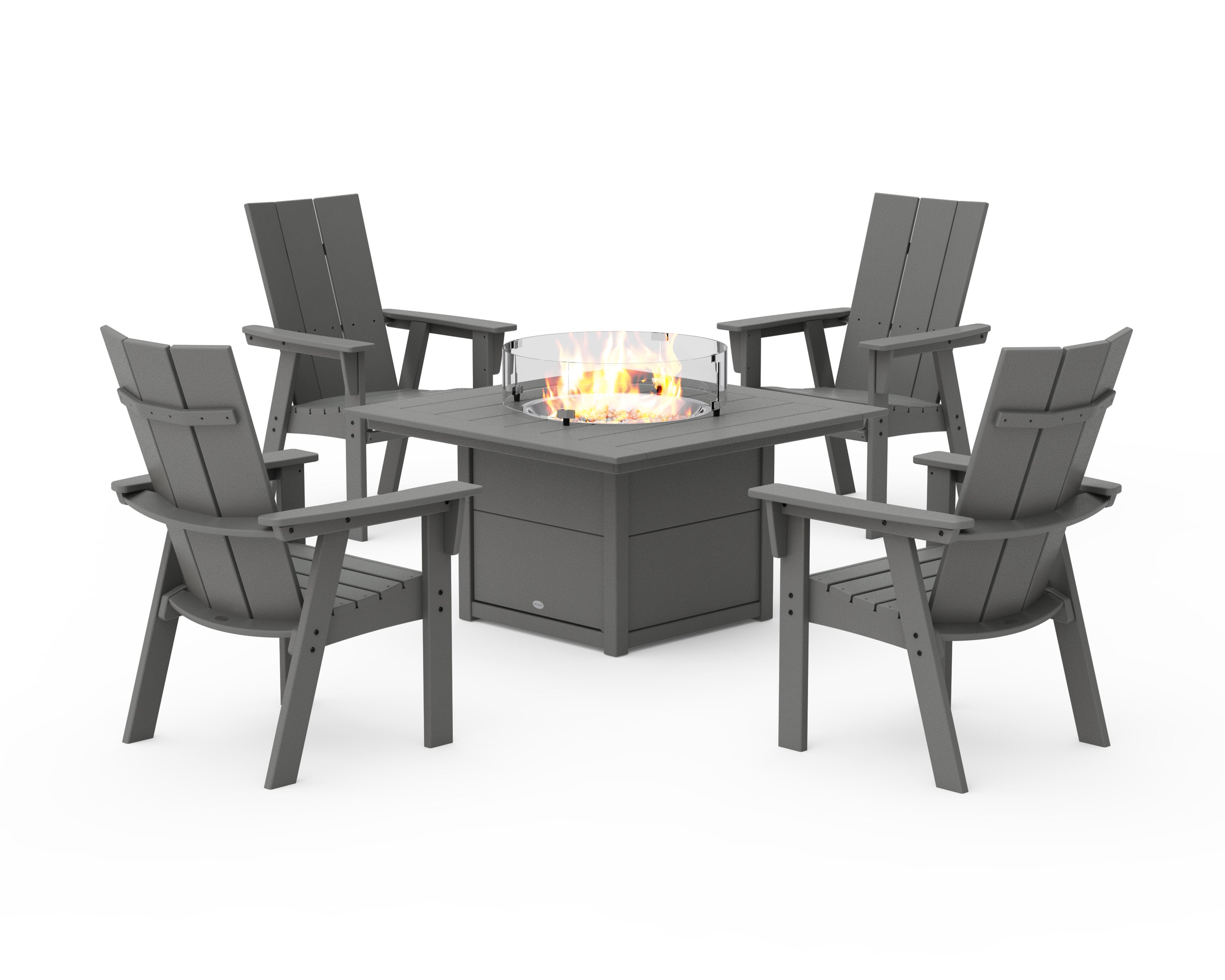 Modern 4-Piece Curveback Upright Adirondack Conversation Set with Fire Pit Table in Slate Grey