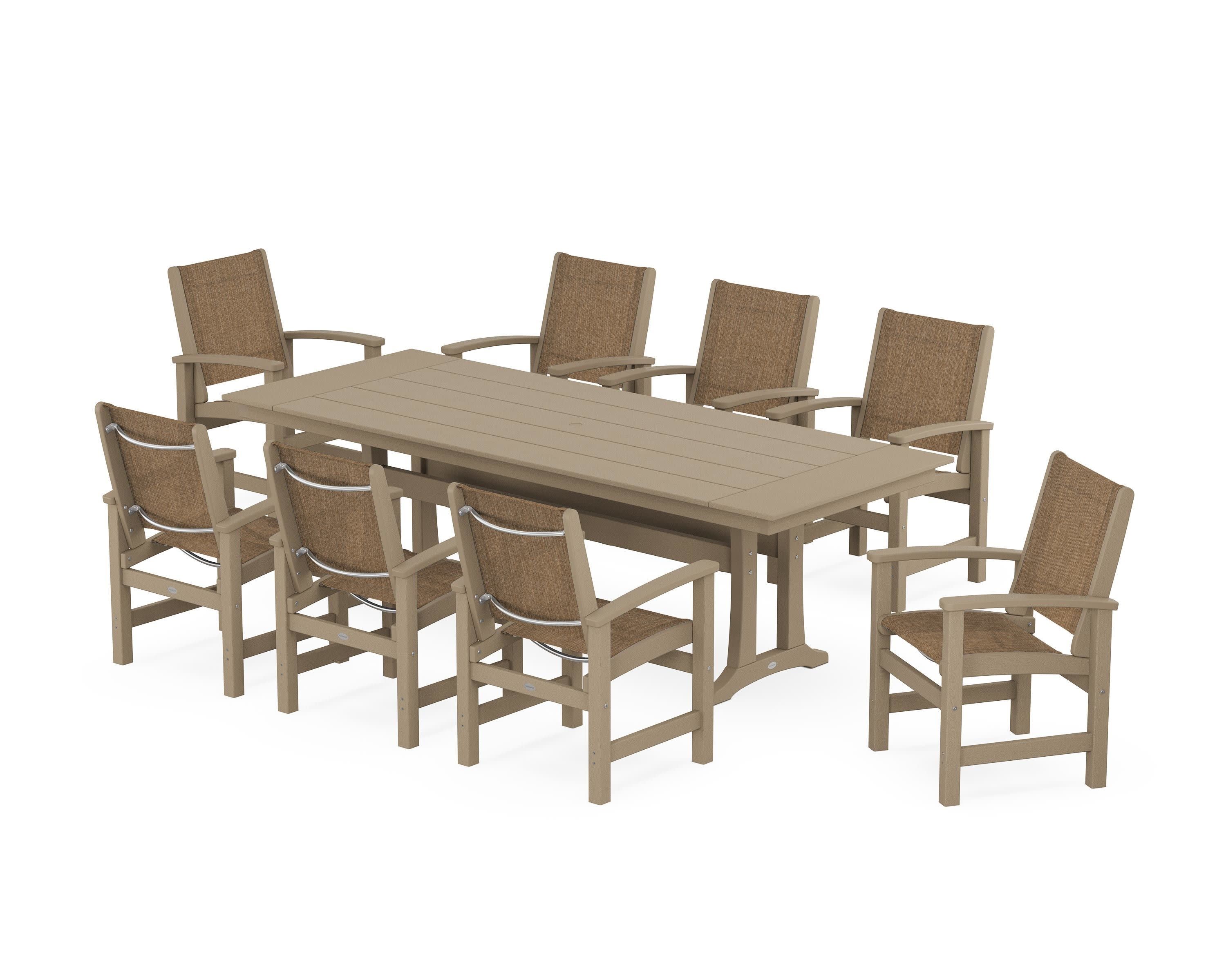Coastal 9-Piece Farmhouse Dining Set with Trestle Legs in Vintage Sahara / Burlap Sling