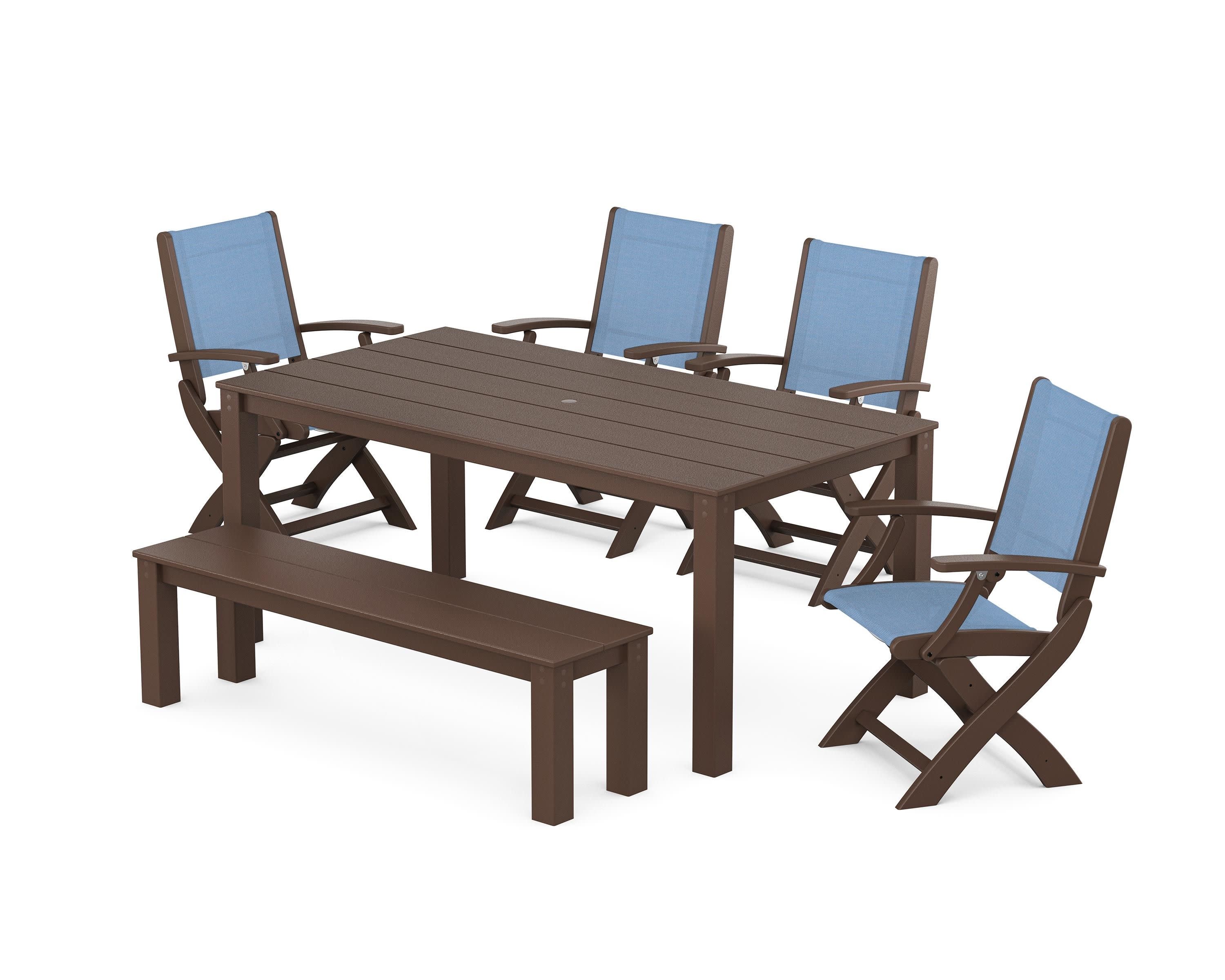 Coastal Folding Chair 6-Piece Parsons Dining Set with Bench in Mahogany / Poolside Sling