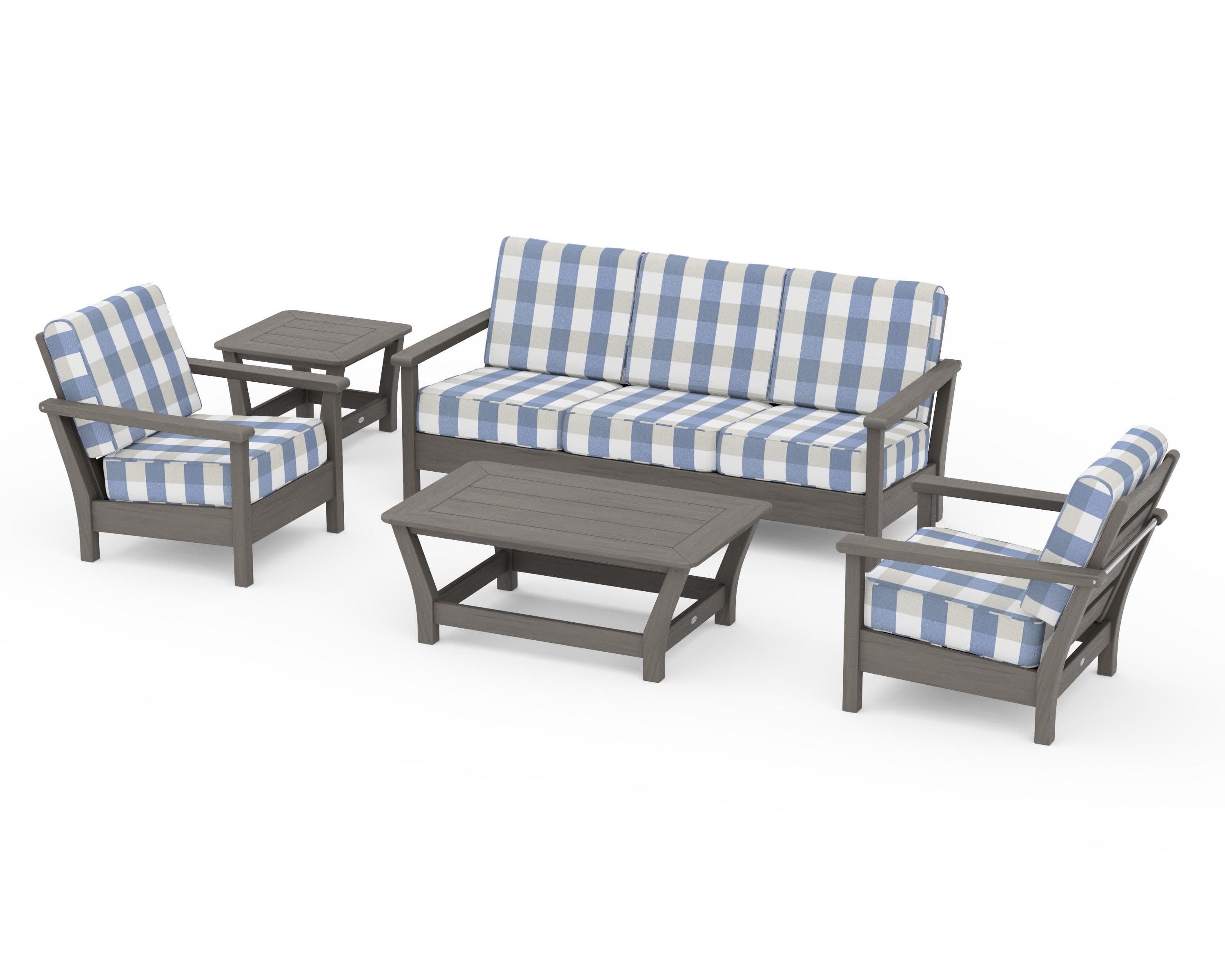 Harbour 5-Piece Deep Seating Set in Driftwood / Buffalo Plaid Sky Blue