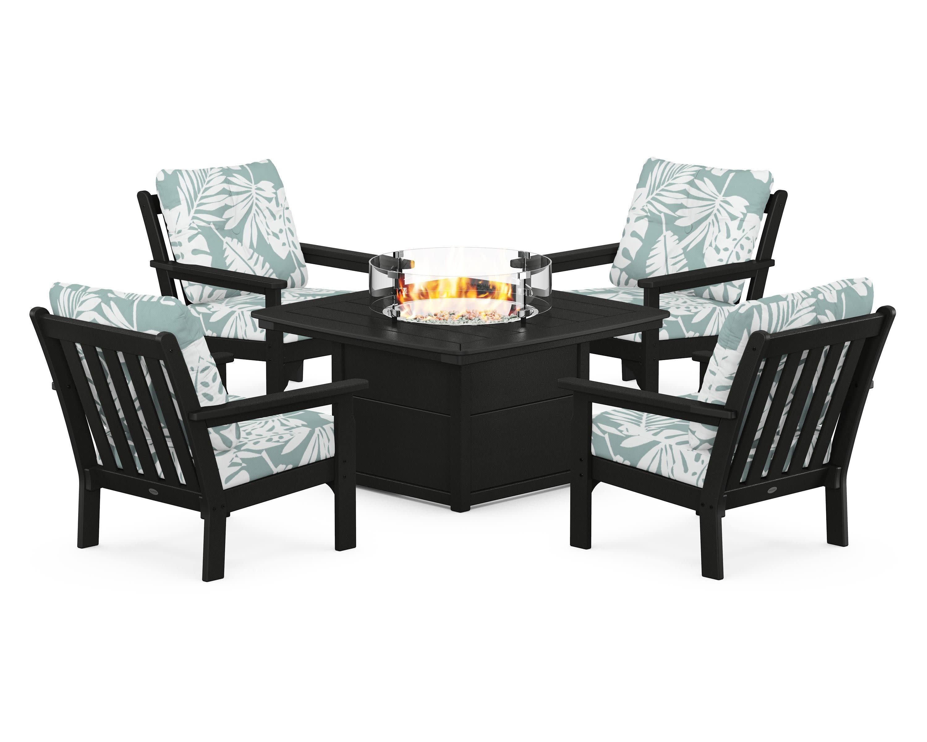 Vineyard 5-Piece Conversation Set with Fire Pit Table in Black / Leaf Glacier Spa