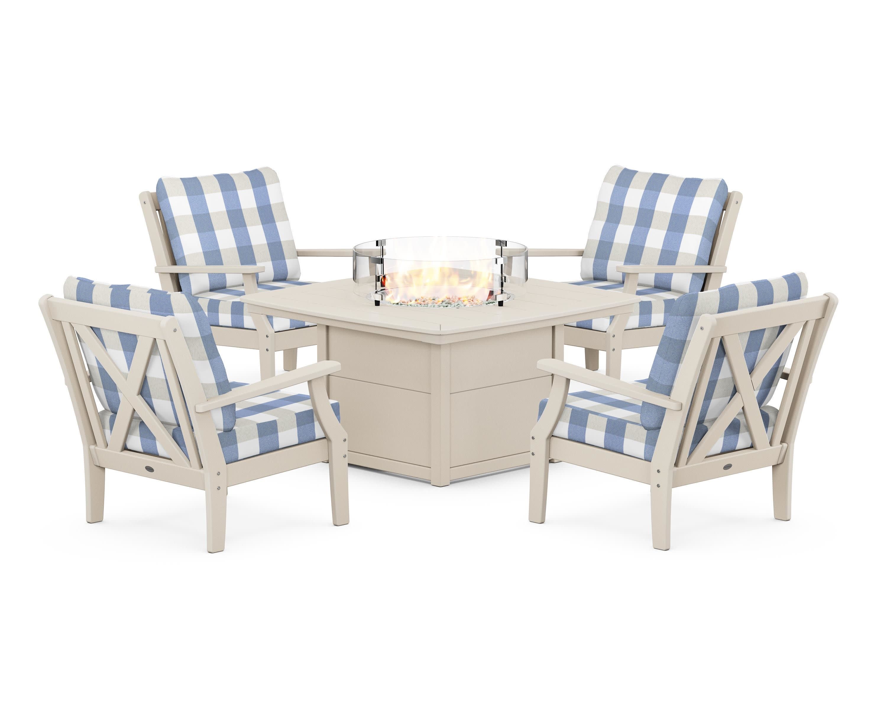 Braxton 5-Piece Deep Seating Conversation Set with Fire Pit Table in Sand / Buffalo Plaid Sky Blue