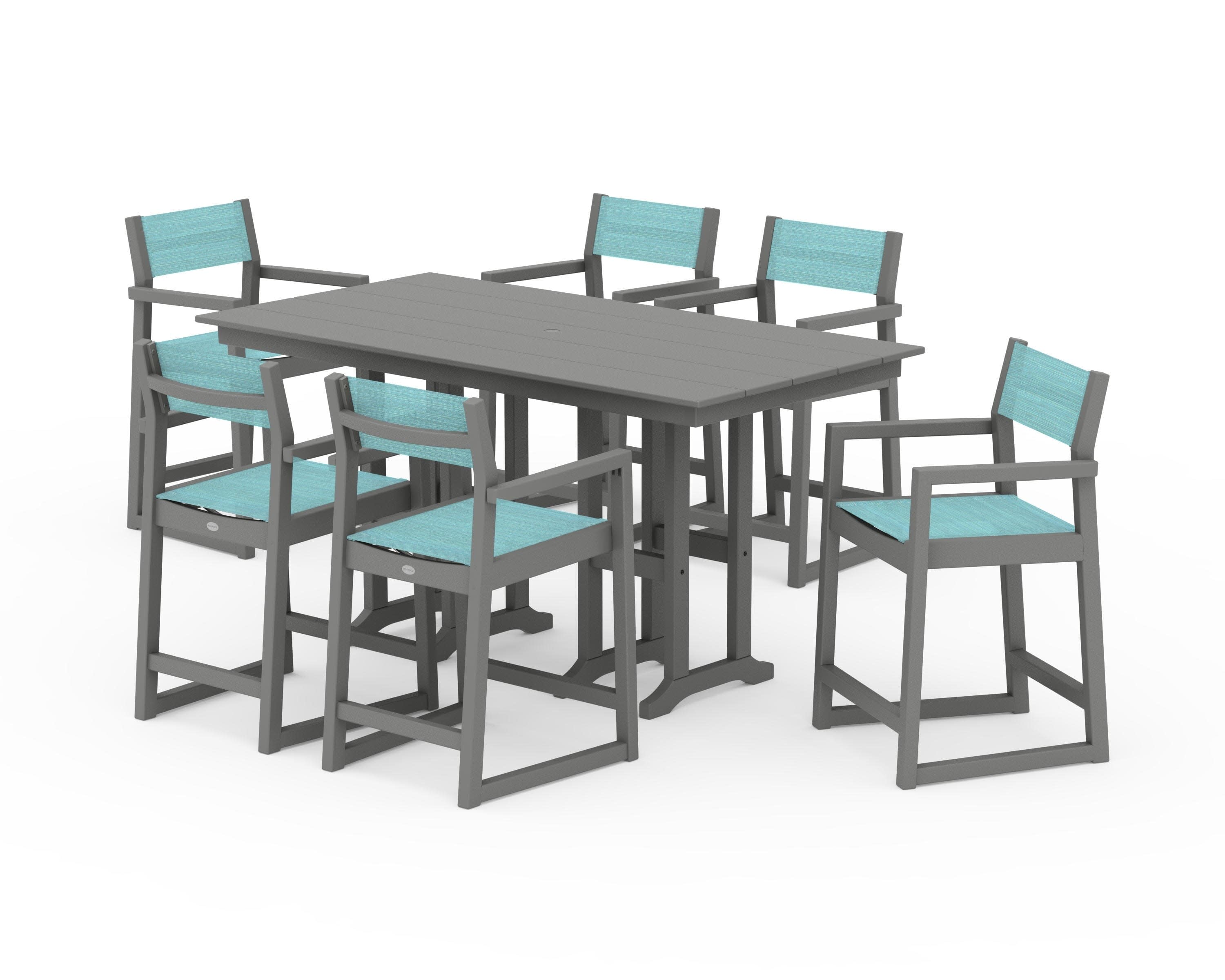 EDGE Sling Arm Chair 7-Piece Farmhouse Counter Set in Slate Grey / Dupioni Aquamarine Sling