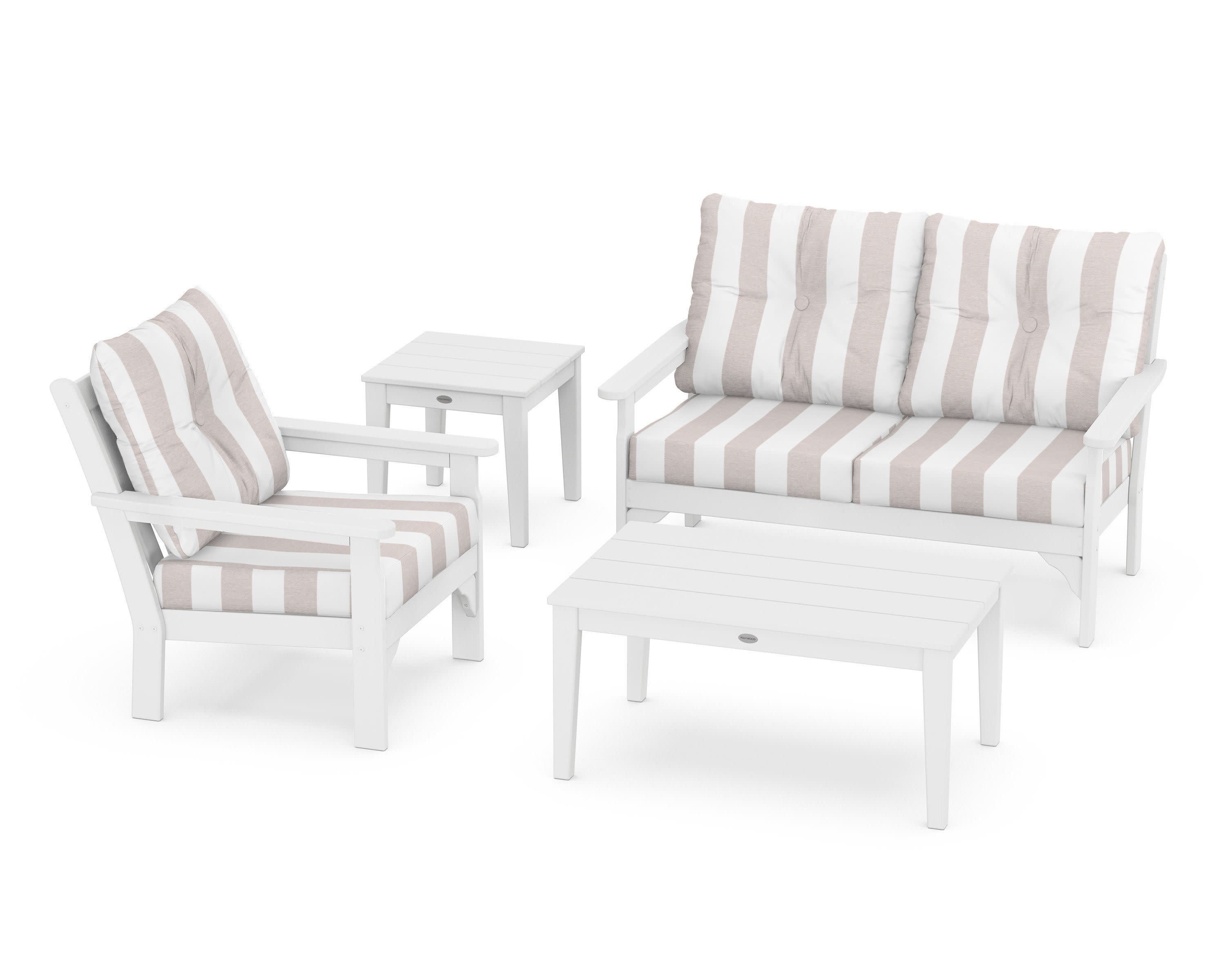 Vineyard 4-Piece Deep Seating Set in White / Cabana Stripe Dune Burlap