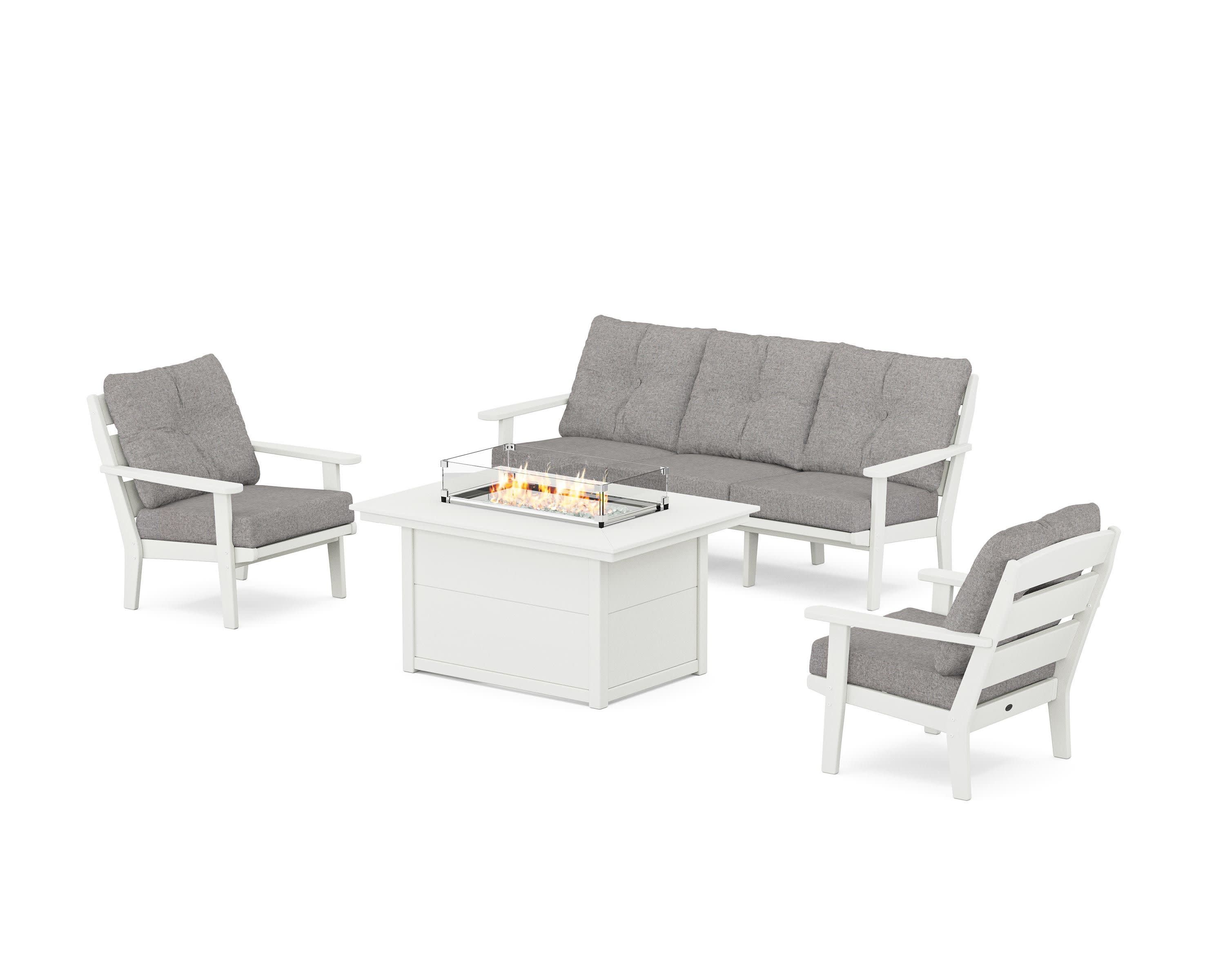 Lakeside Deep Seating Fire Pit Table Set in Vintage White / Grey Mist