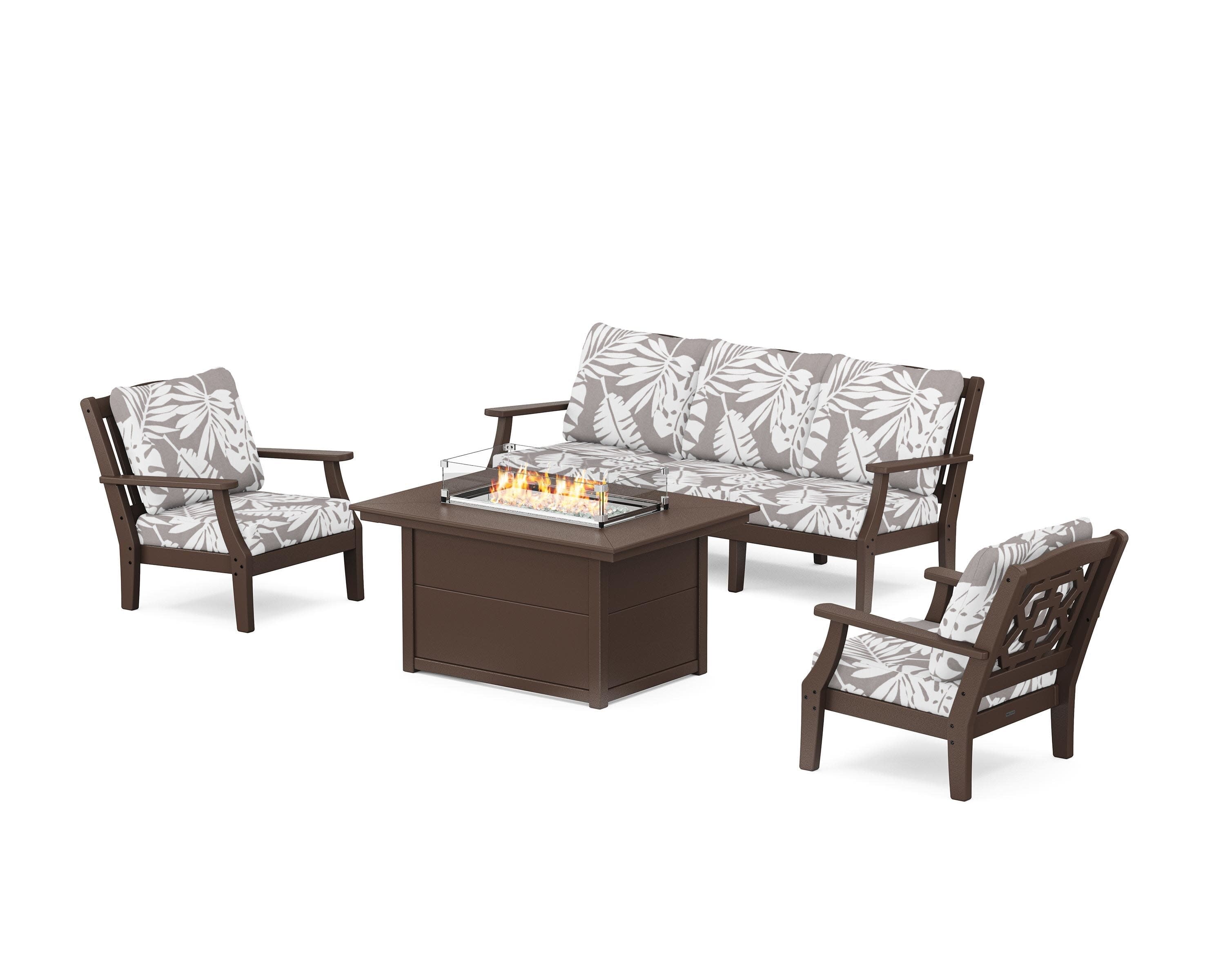 Chinoiserie Deep Seating Fire Pit Table Set in Mahogany / Leaf Grey Mist