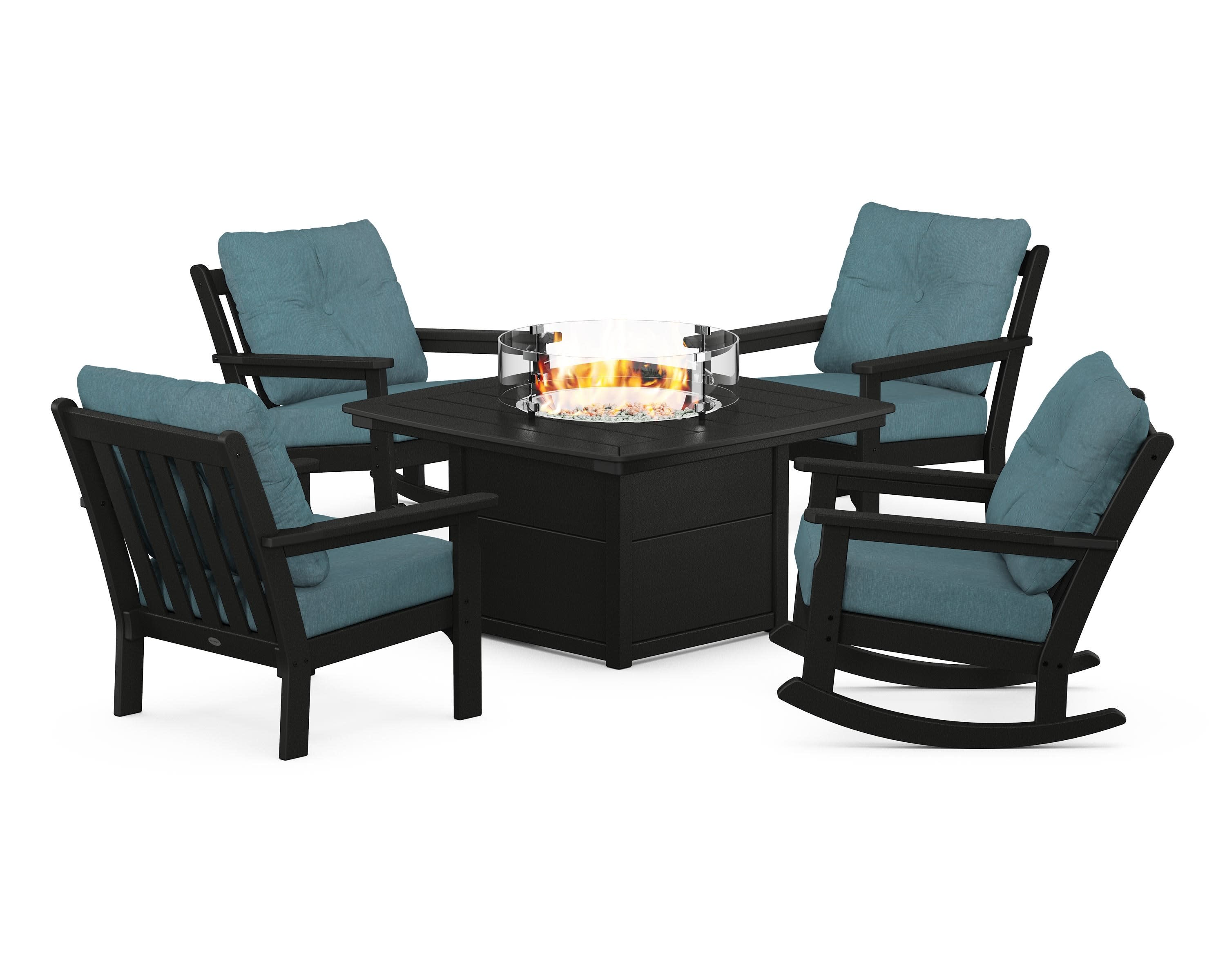Vineyard 5-Piece Deep Seating Rocking Chair Conversation Set with Fire Pit Table in Black / Ocean Teal