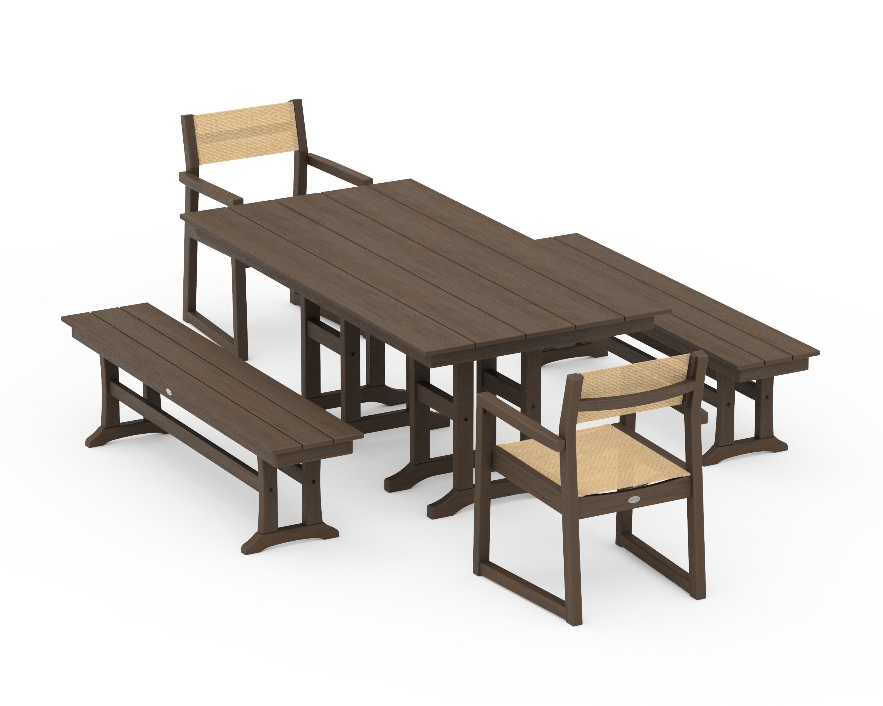 EDGE Sling Arm Chair 5-Piece Farmhouse Dining Set with Benches in Kona / Dupioni Apricot Sling