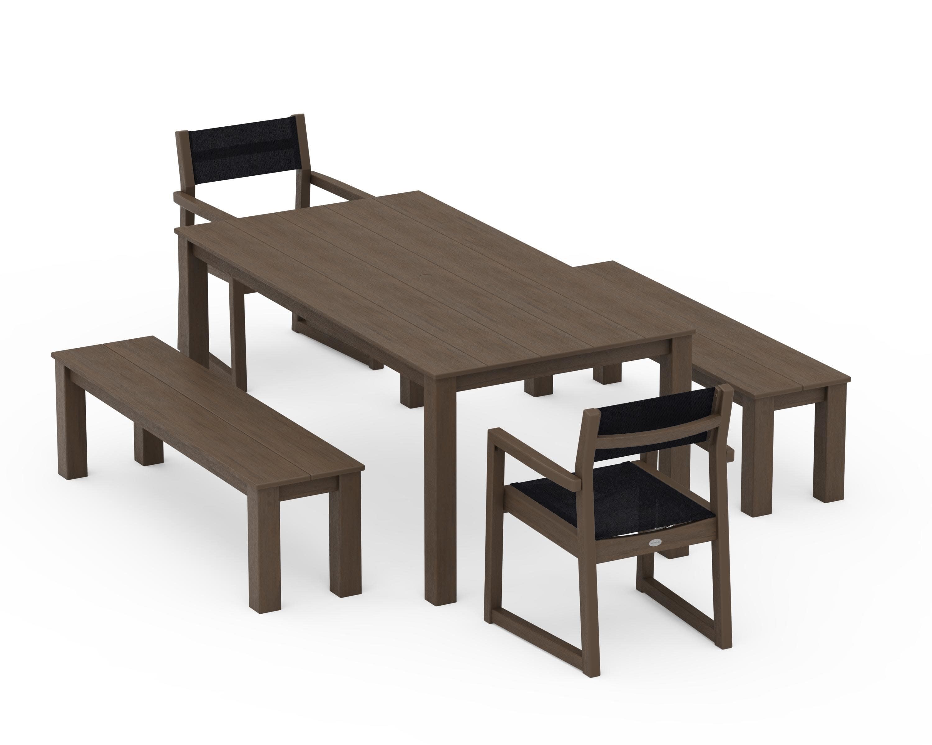 EDGE Sling Arm Chair 5-Piece Parsons Dining Set with Benches in Kona / Black Sling