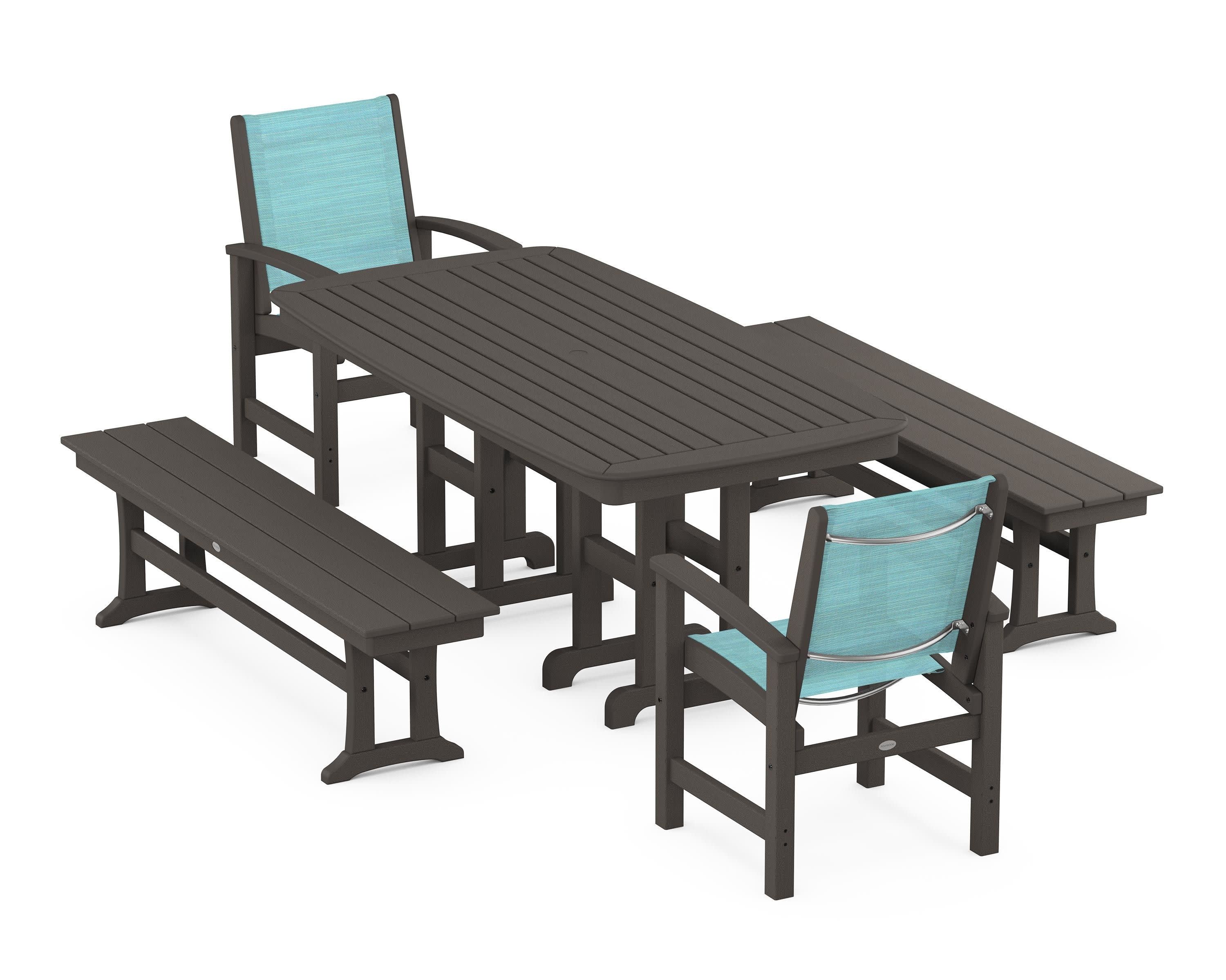 Coastal 5-Piece Dining Set in Vintage Coffee / Dupioni Aquamarine Sling