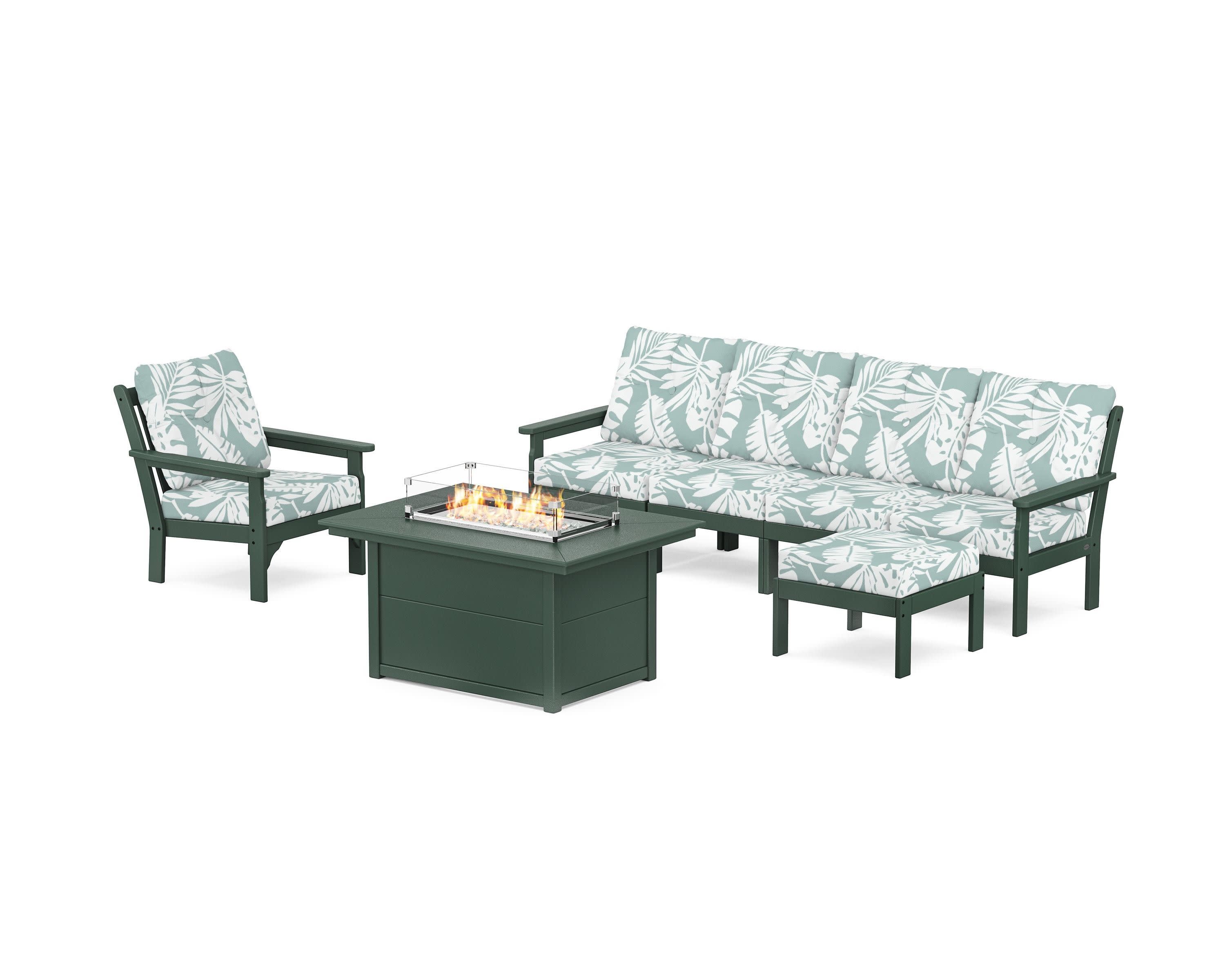 Vineyard Sectional Lounge and Fire Pit Set in Green / Leaf Glacier Spa
