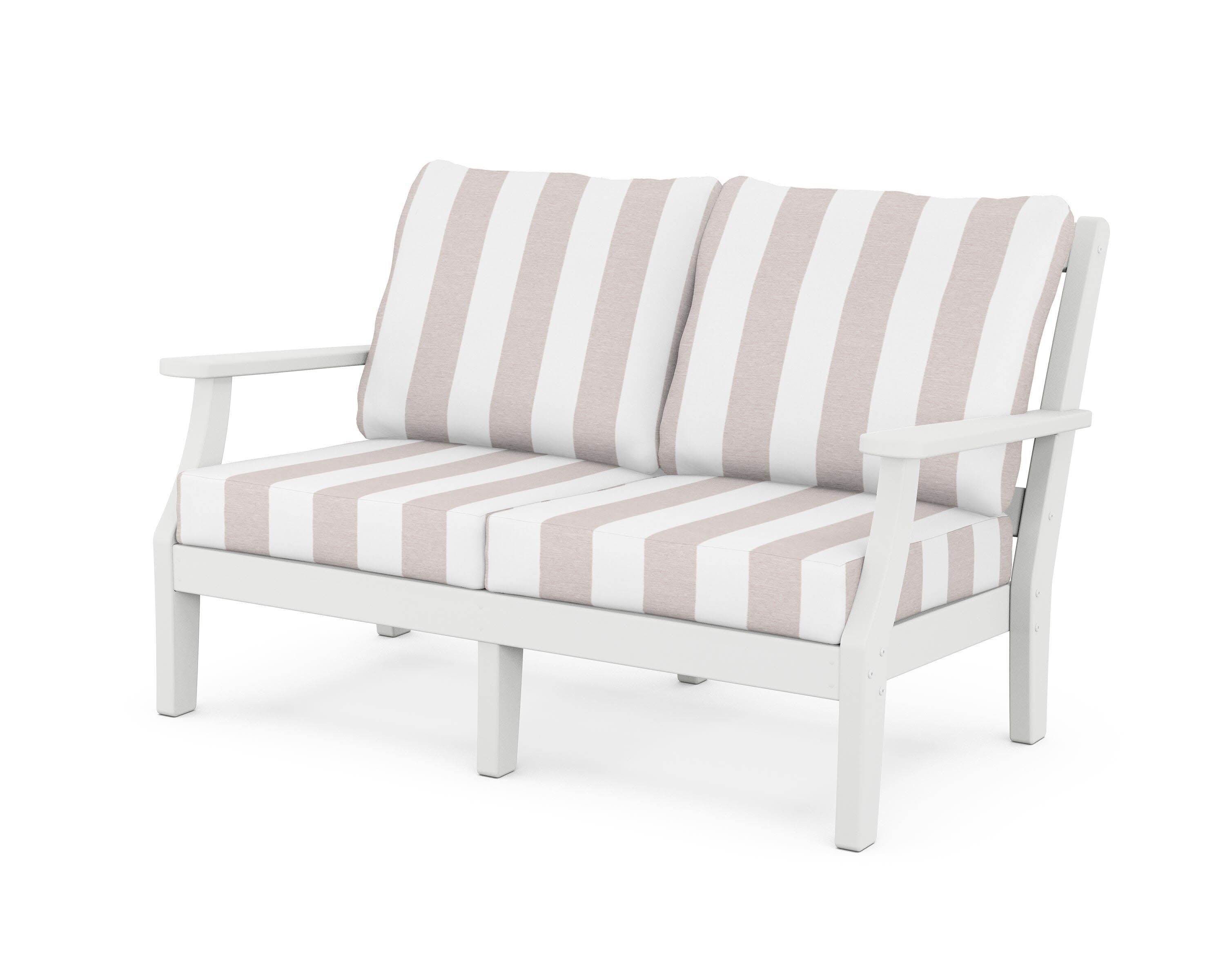 Chinoiserie Deep Seating Loveseat in White / Cabana Stripe Dune Burlap