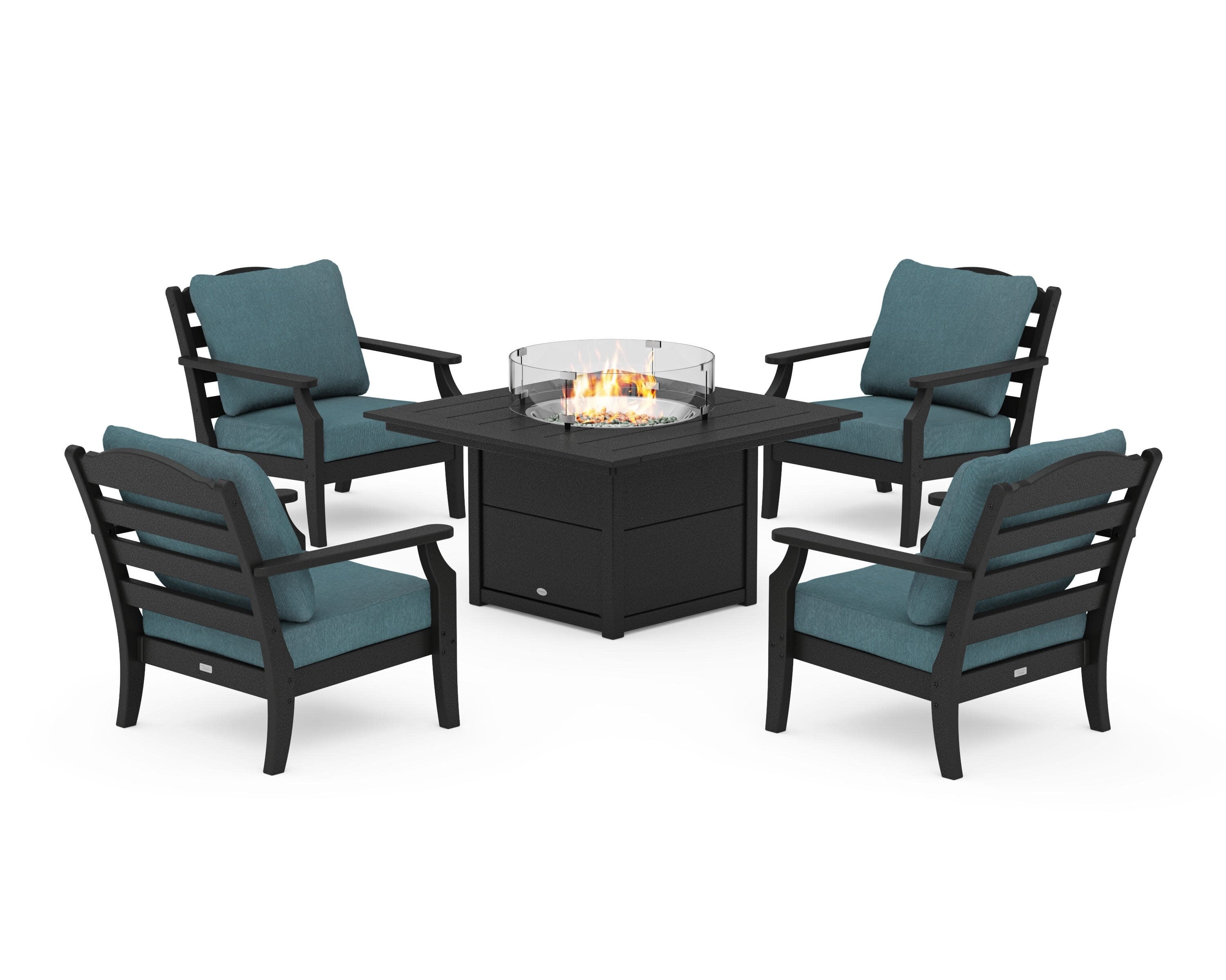 Savannah 5-Piece Deep Seating Set with Fire Pit Table in Black / Ocean Teal