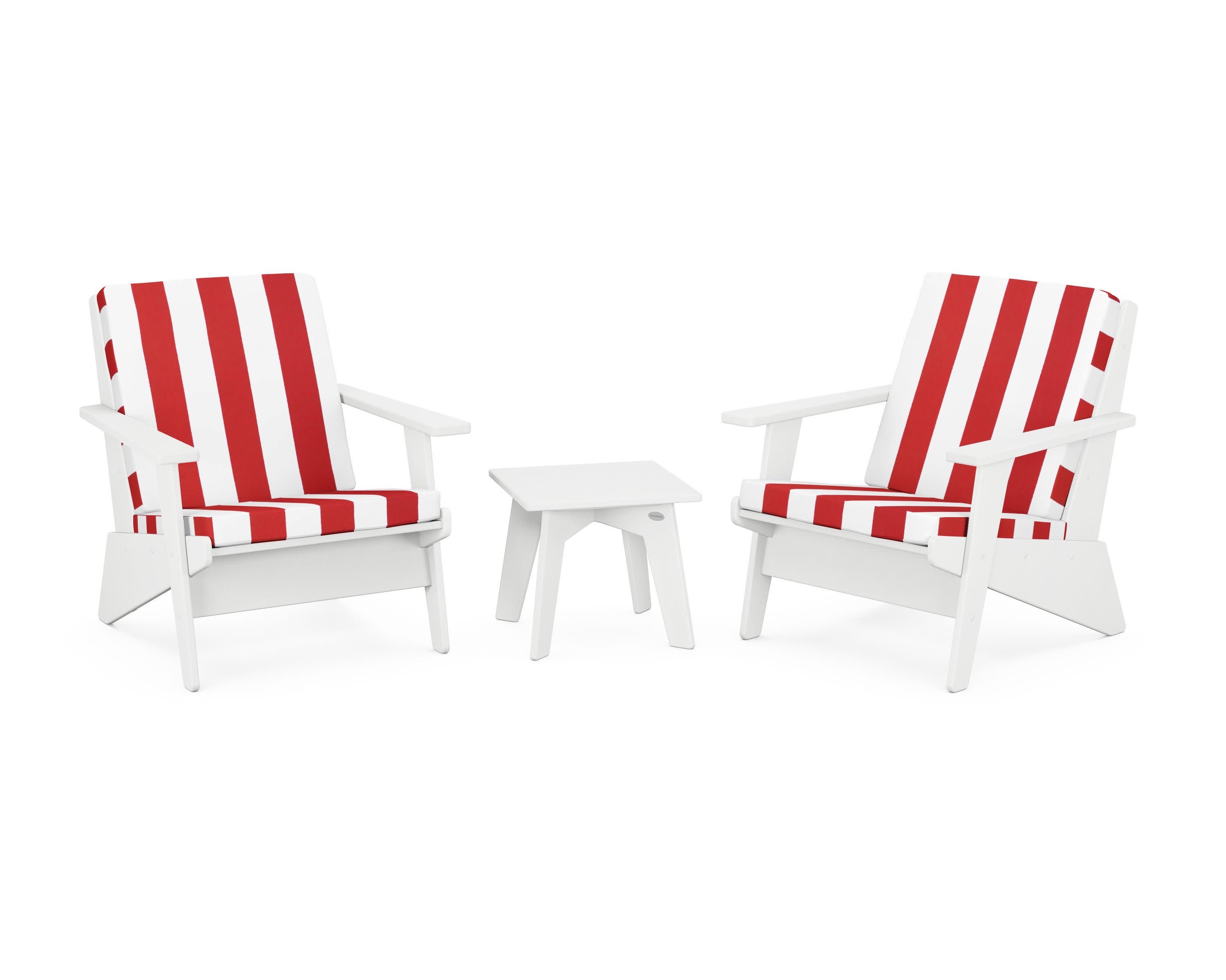 Riviera Modern Lounge 3-Piece Set in White / Cabana Stripe Crimson