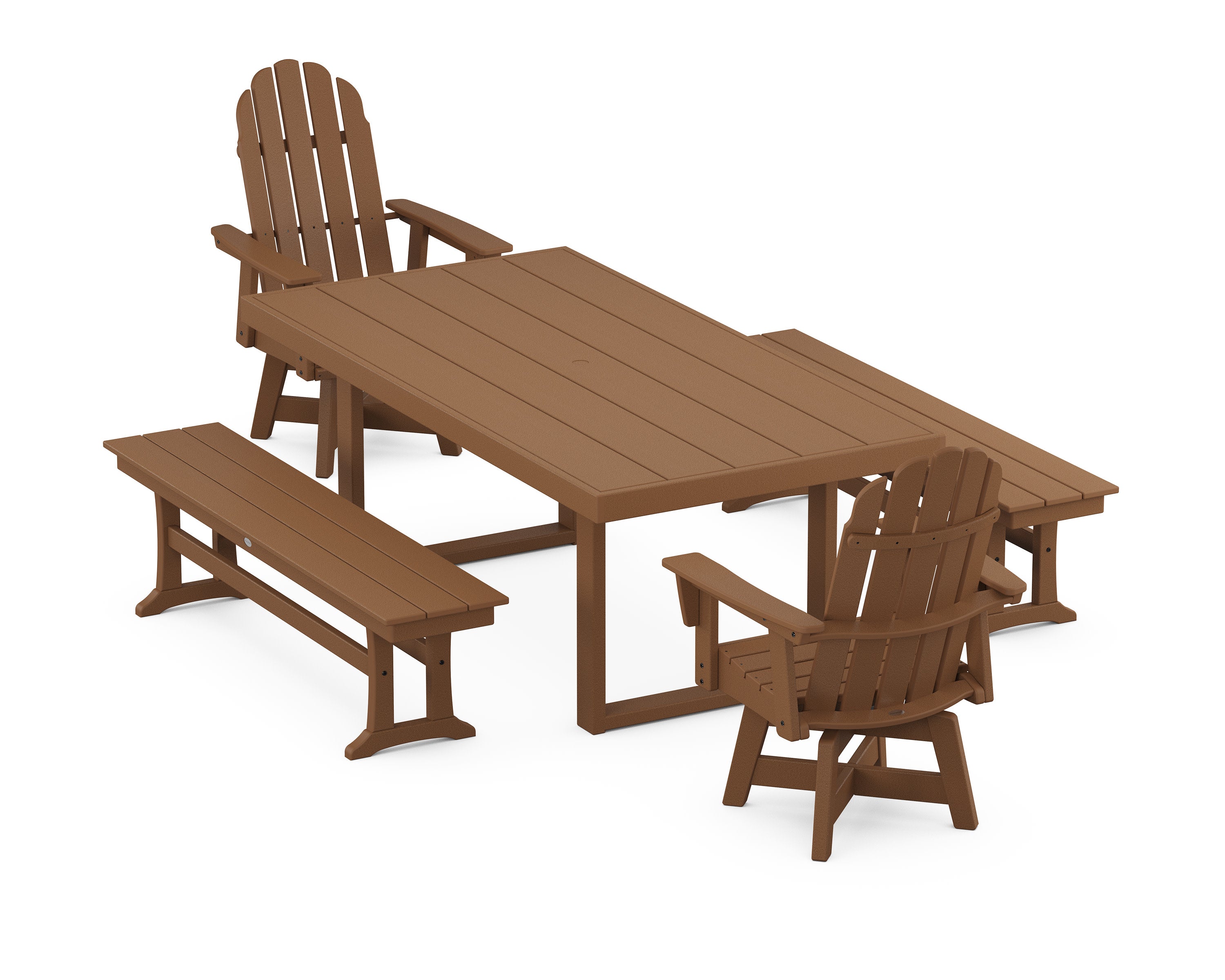 Vineyard Curveback Adirondack Swivel Chair 5-Piece Dining Set with Benches in Teak