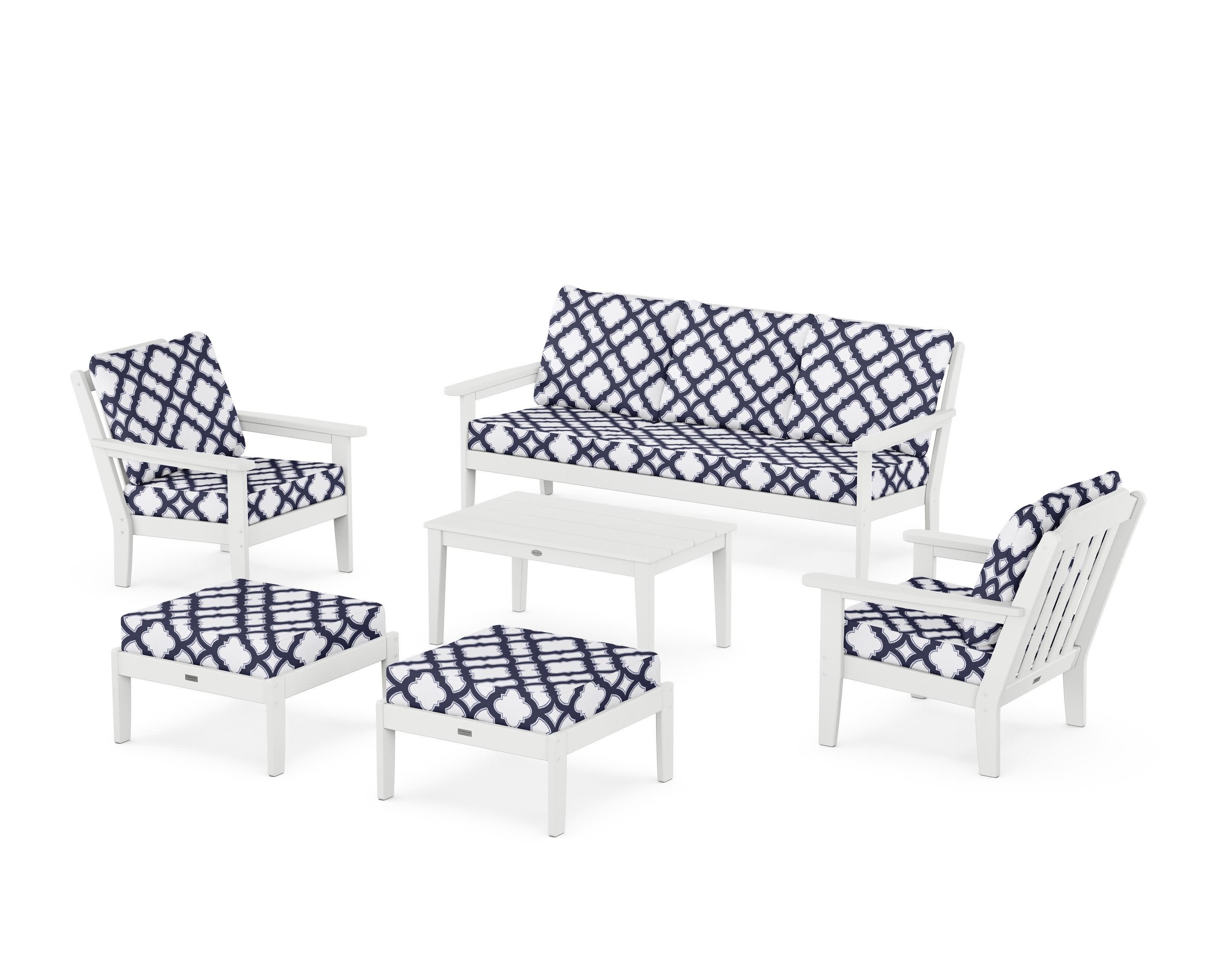 Cottage 6-Piece Lounge Sofa Set in White / Trellis Navy